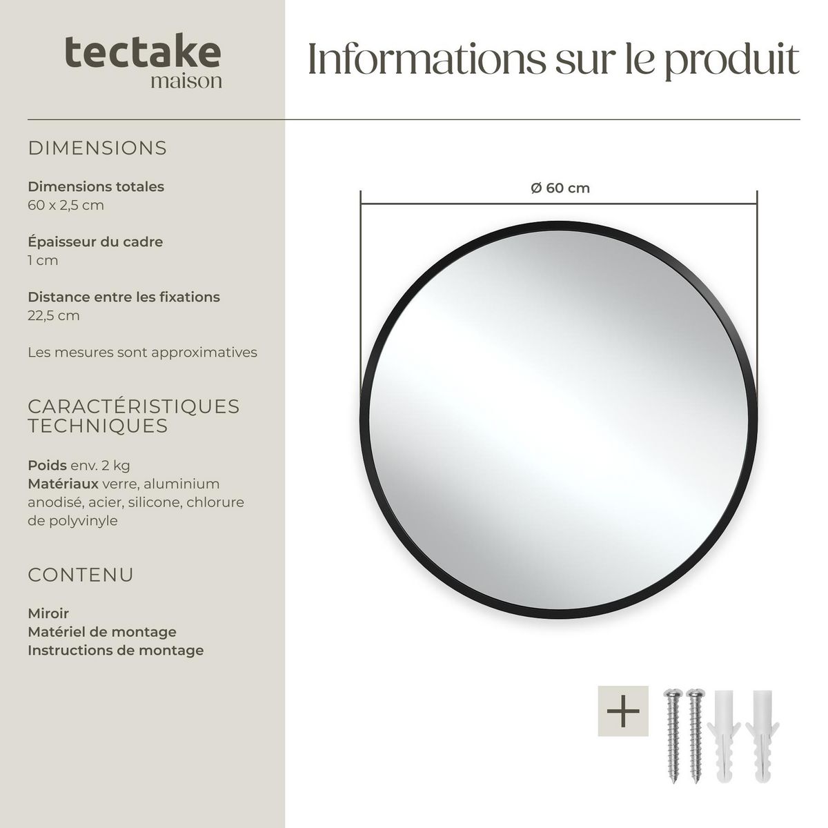 tectake Miroir mural rond Ø 60 cm noir