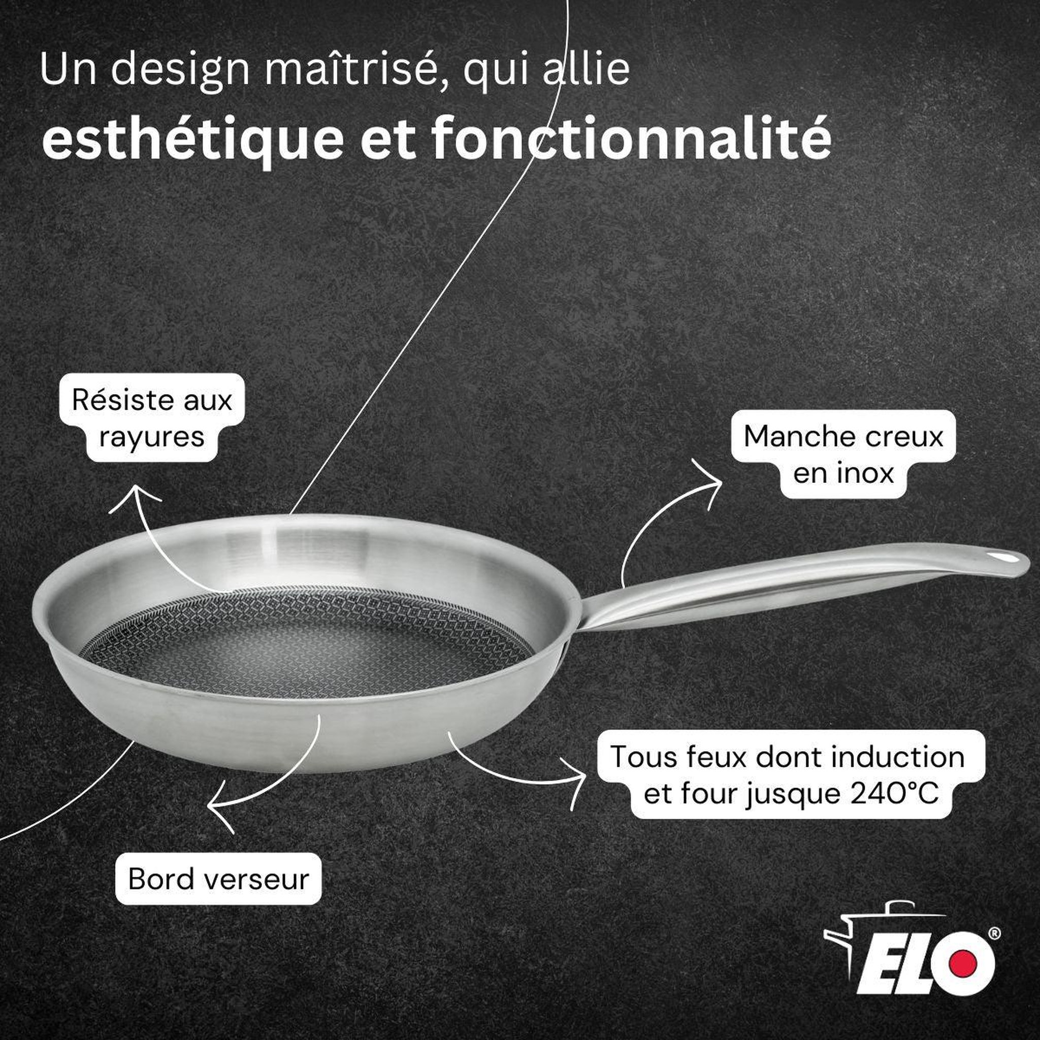 Voir la diapositive 6 : ELO Poêle en acier inoxydable 18/10 32 cm elo relief solution
