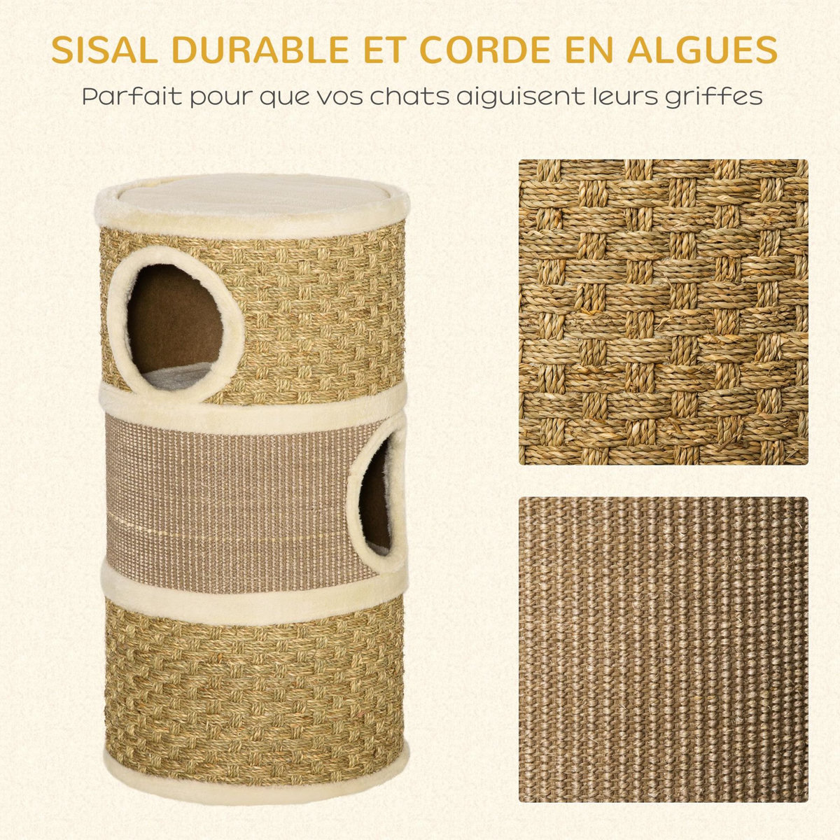 PAWHUT Arbre à chat cylindrique - tour à griffer pour chat - arbre à chat tour - Tonneau griffoir - 3 niches + plateforme - sisal corde d'algues beige