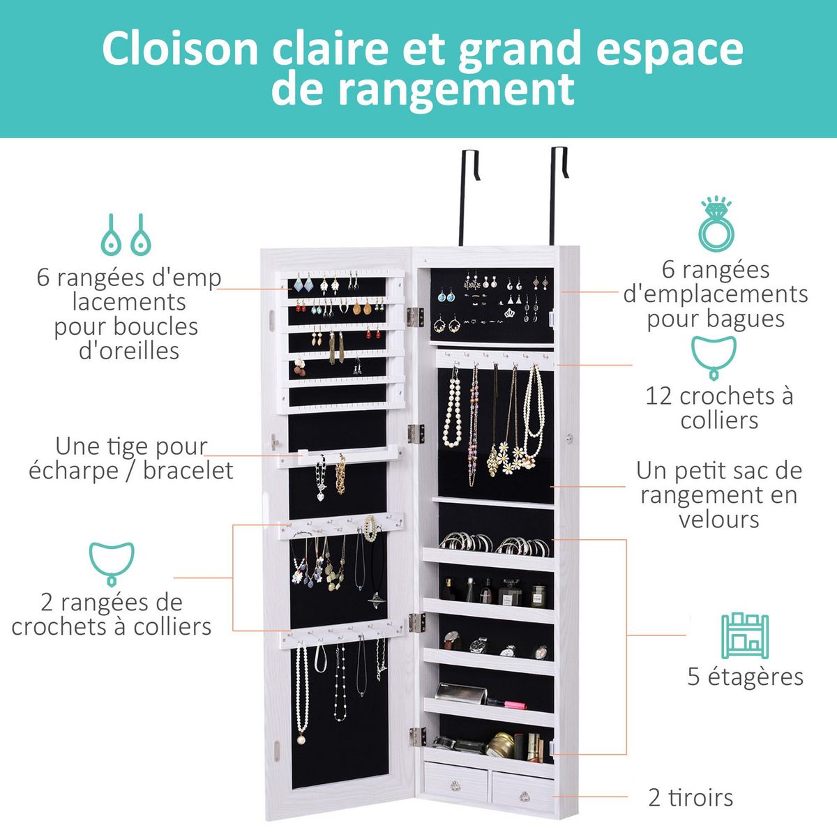 HOMCOM Armoire à bijoux miroir à suspendre 2 en 1 - éclairage LED intérieur, verrouillable, multi-rangement - blanc