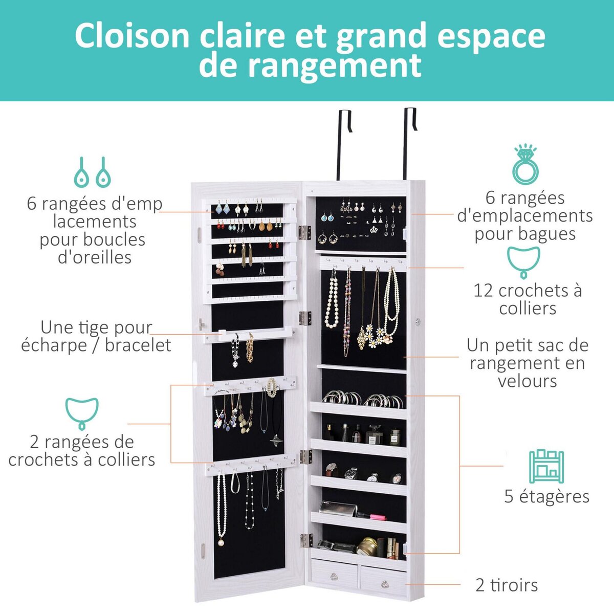 HOMCOM Armoire à bijoux miroir à suspendre 2 en 1 - éclairage LED intérieur, verrouillable, multi-rangement - blanc
