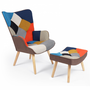 Voir la diapositive 1 : ID MARKET Fauteuil scandinave IVAR avec repose pieds en tissu patchwork multicouleurs et imprimé pied de poule