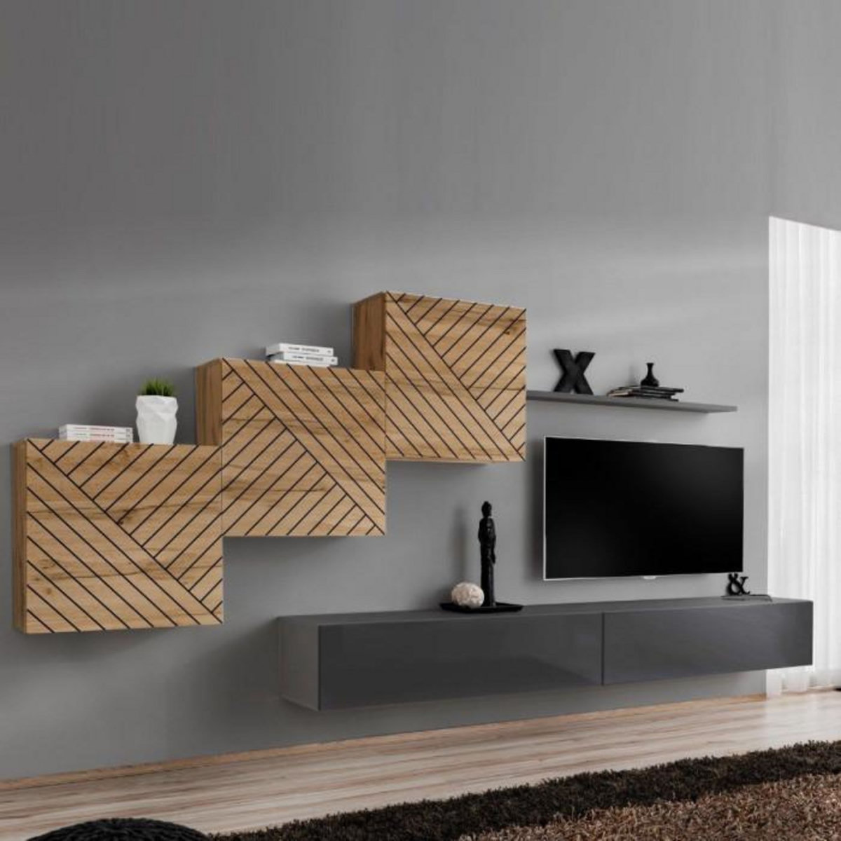 Paris Prix Ensemble Meuble TV  Switch Lamel X  330cm Gris & Naturel