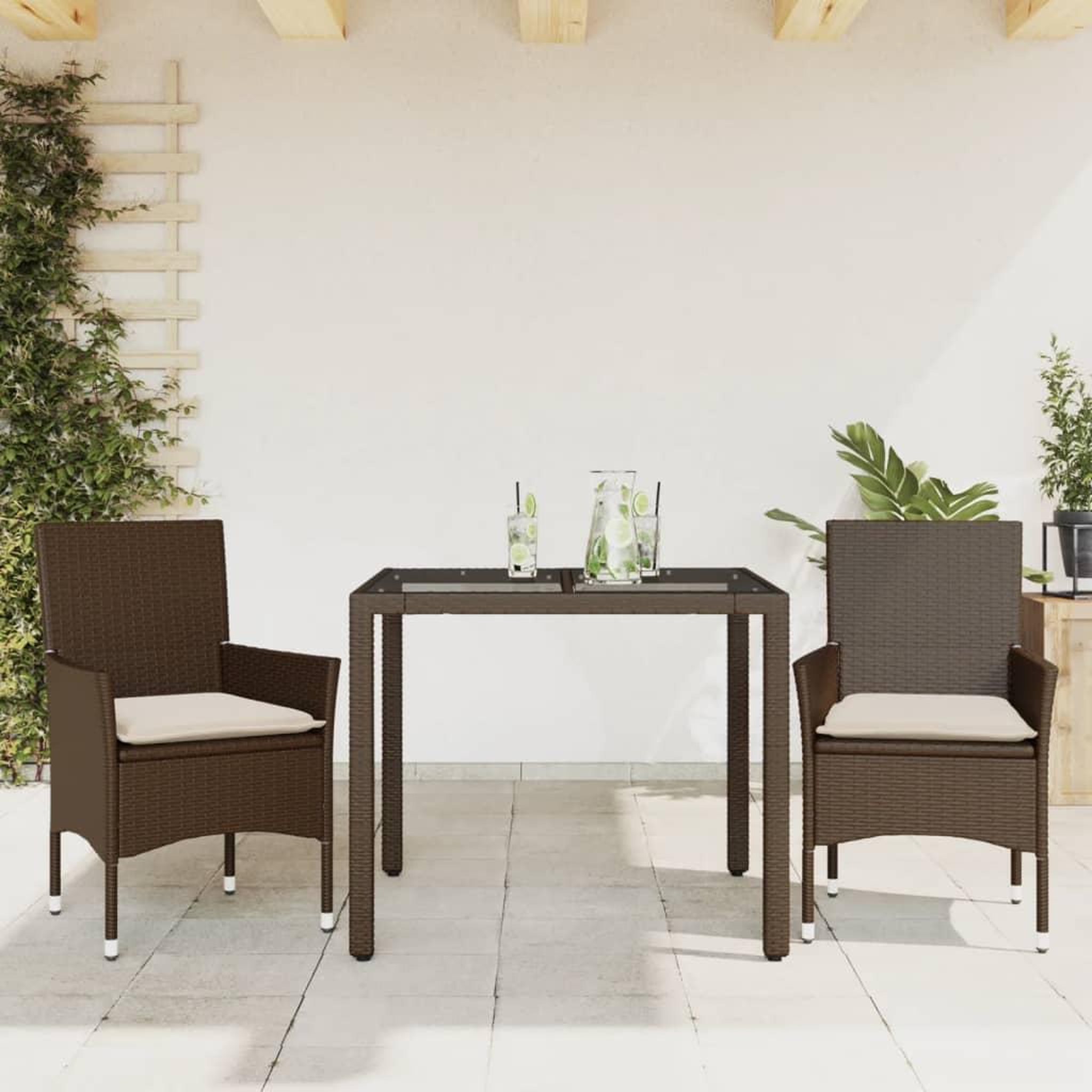 VIDAXL Ensemble a manger de jardin et coussins 3pcs marron rotin verre