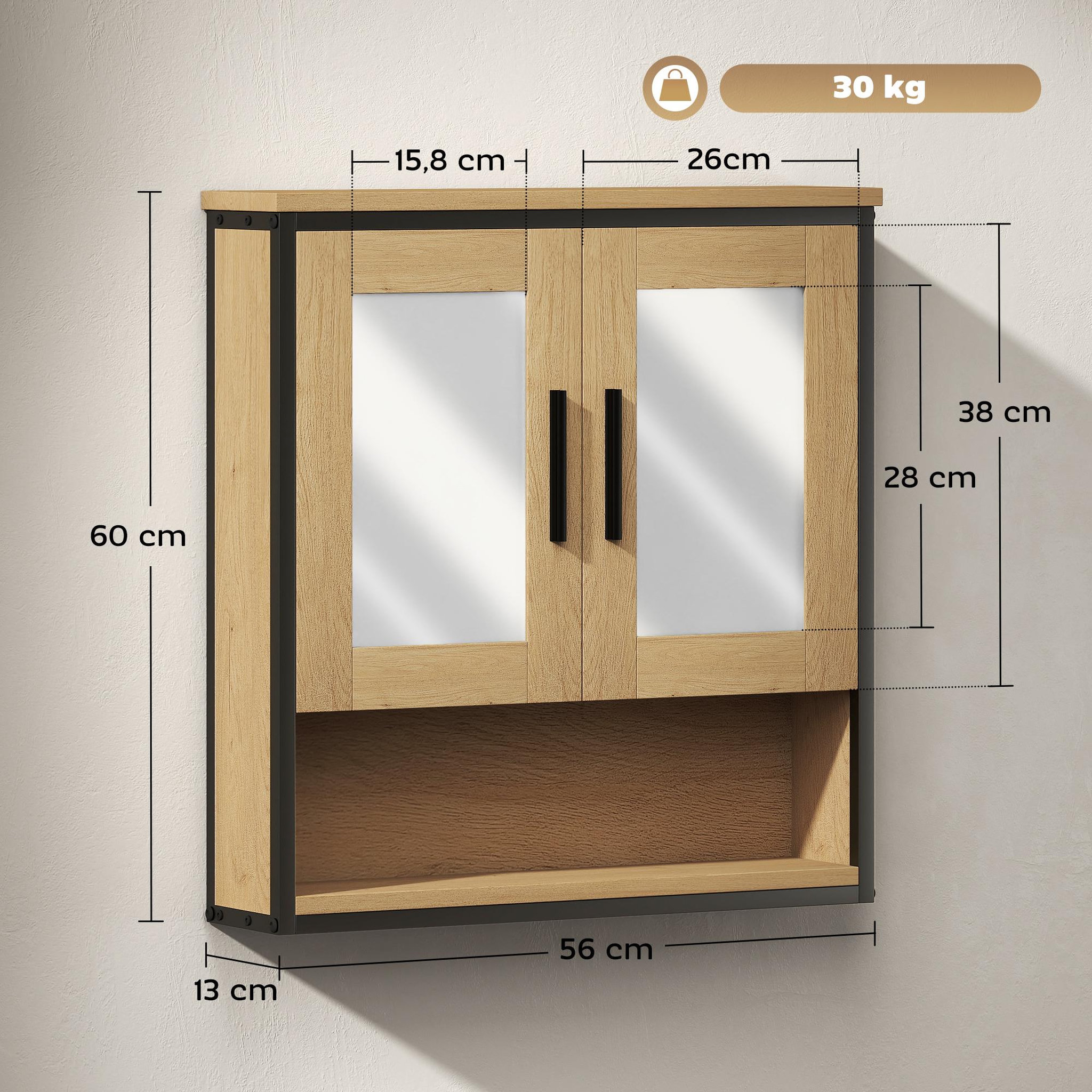 Voir la diapositive 3 : HOMCOM Armoire miroir murale salle de bain - 2 portes, étagère, niche - acier noir effet bois