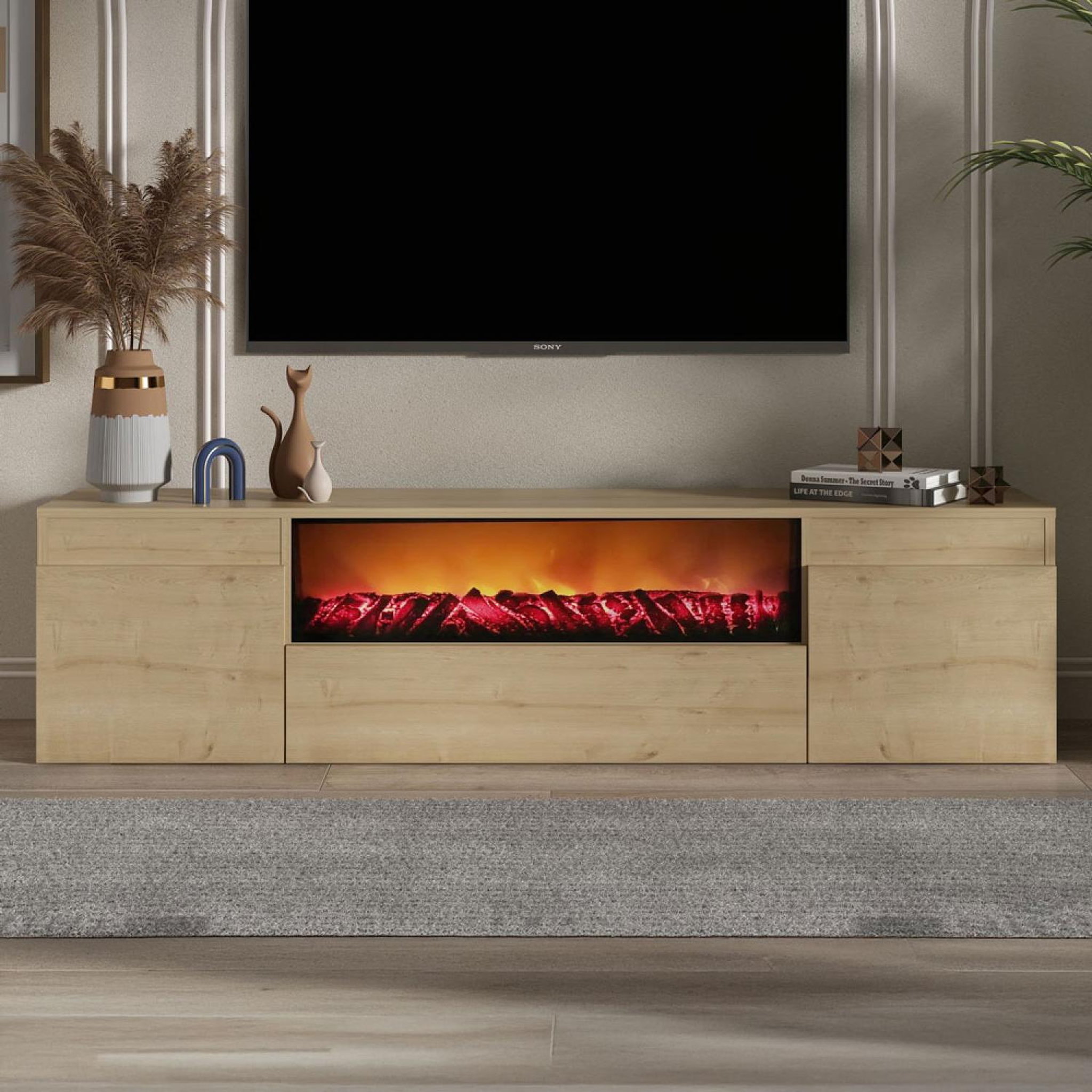 Voir la diapositive 2 : CONCEPT USINE Meuble tv avec cheminée led 180cm aspect bois pyro