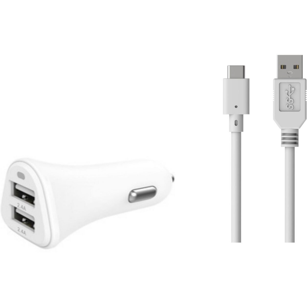 ESSENTIEL B Chargeur allume-cigare 2 USB 2.4A + Cable USB C Blanc