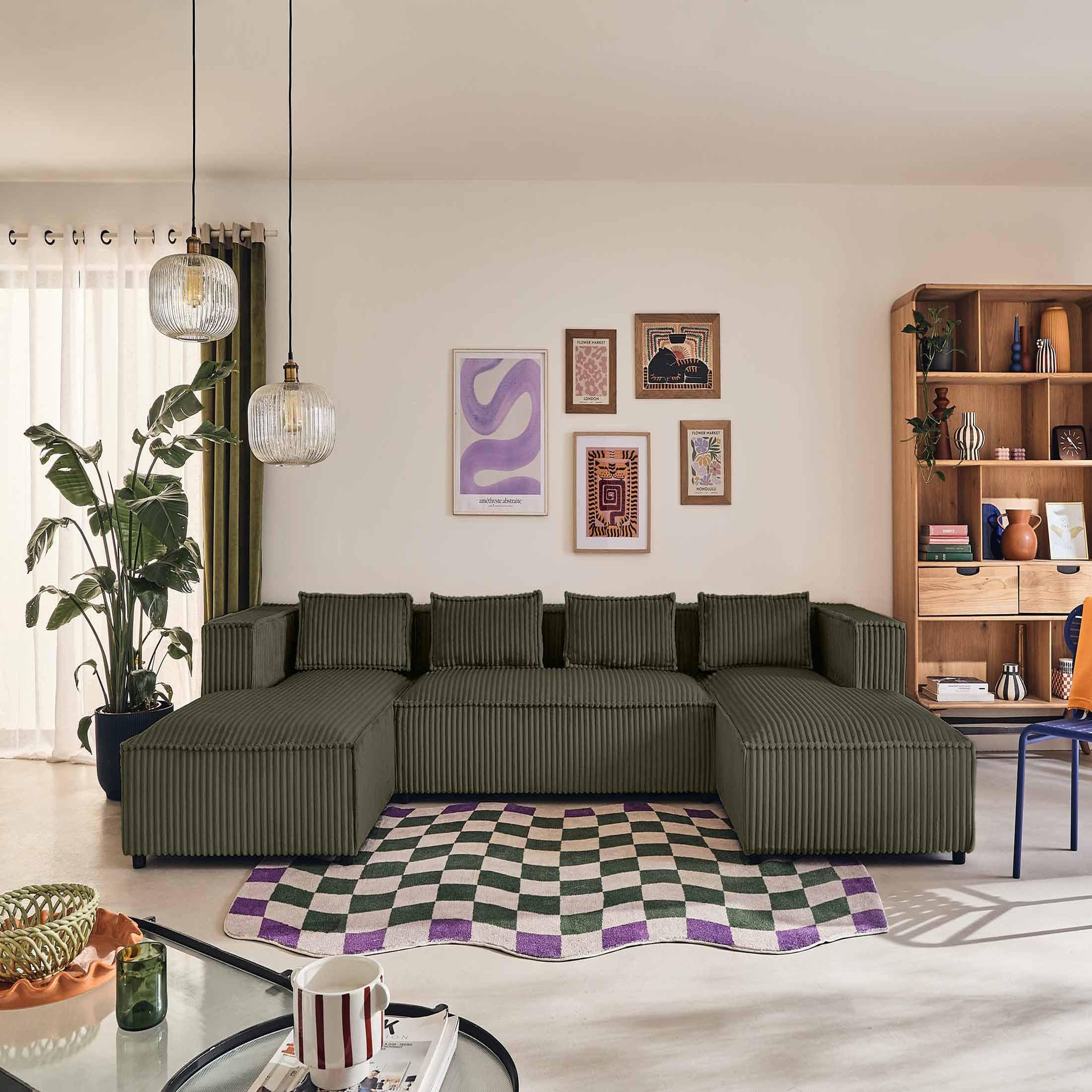 LISA DESIGN Stella - canapé panoramique en u - 7 places - en velours côtelé grosses côtes. Coloris disponibles : Vert, Gris, Beige, Noir, Marron, Bleu, Blanc, Orange