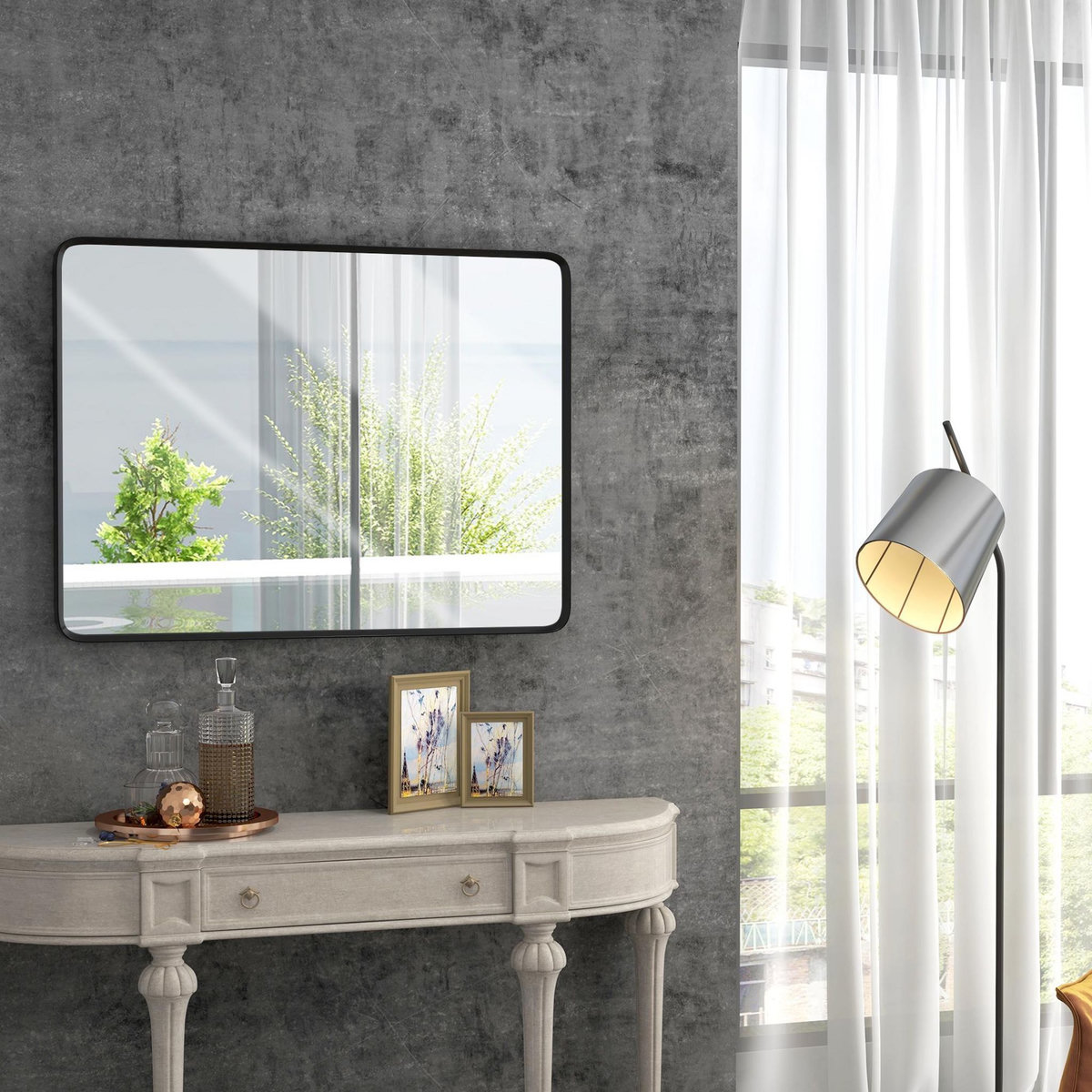 HOMCOM Miroir rectangulaire mural 91,4 x 61 cm cadre en aluminium style minimaliste décoration noir