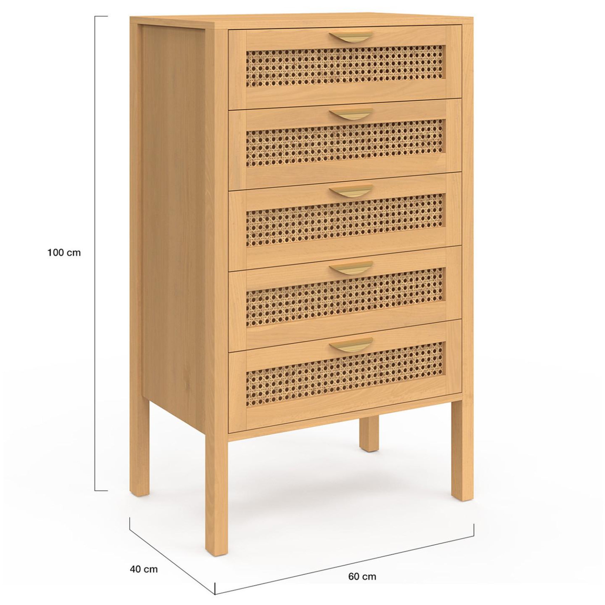 Voir la diapositive 5 : ID MARKET Chiffonnier 5 tiroirs edhen 60x40x100 cm commode semainier bois et effet cannage