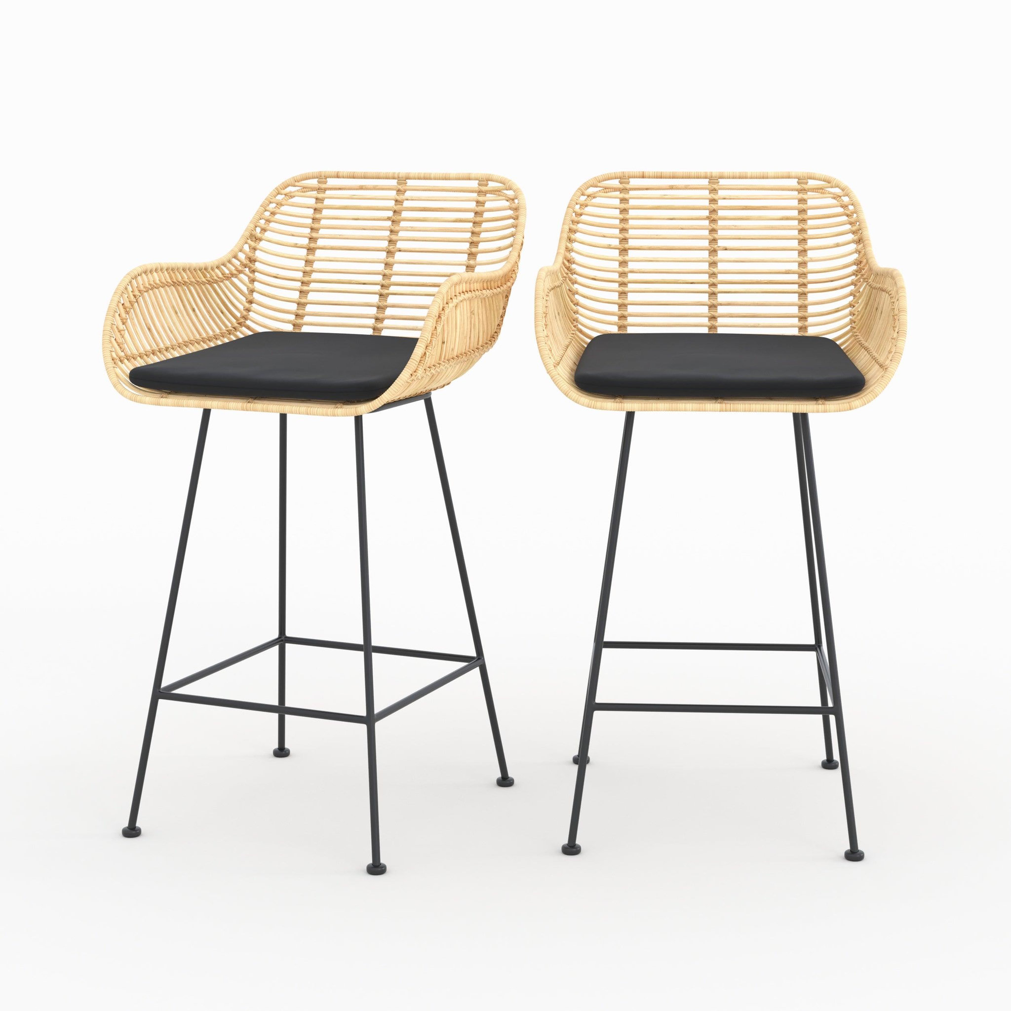 MAISON PAVANE Lot de 2 chaises pour îlot central 66 cm en rotin et tissu noir-pops