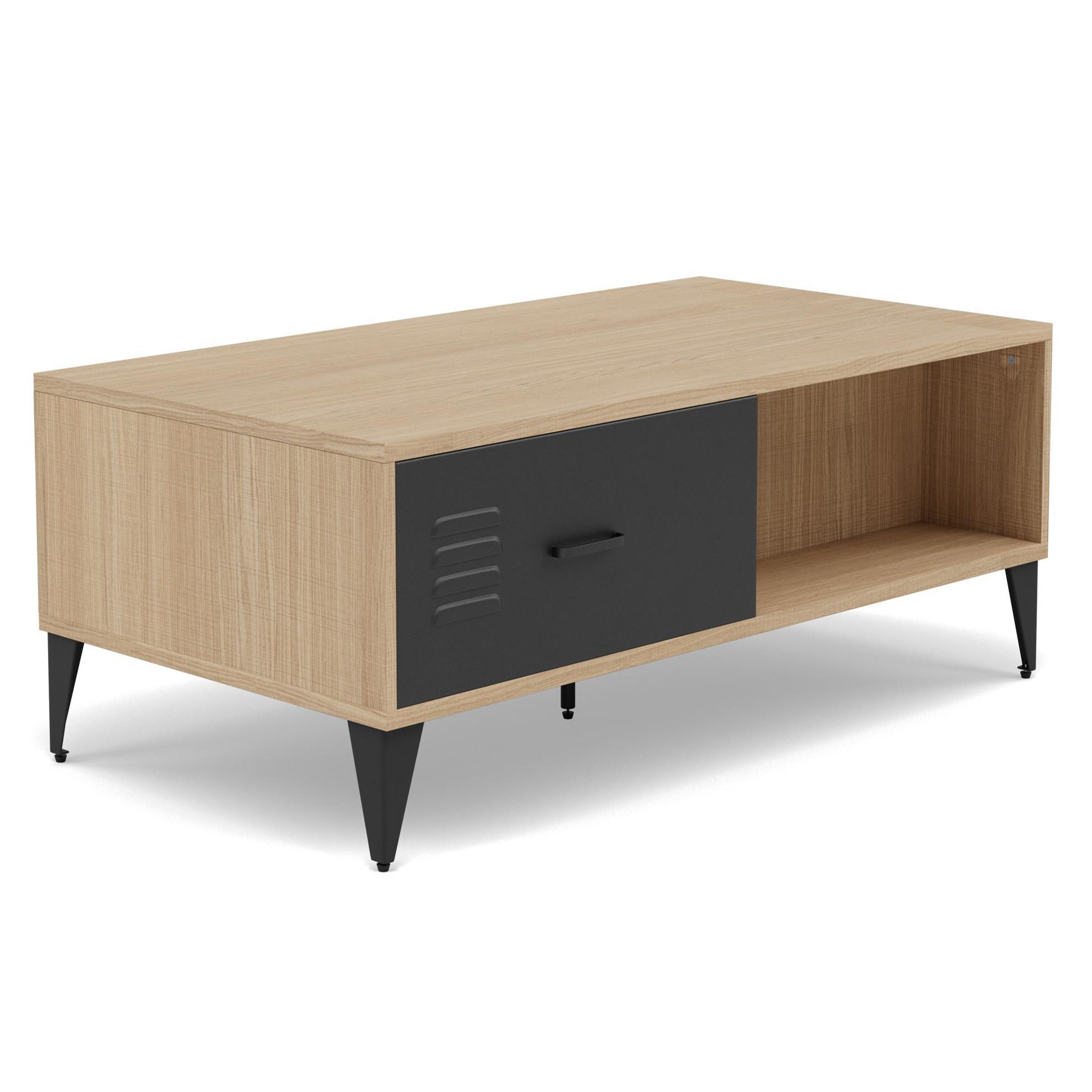 Voir la diapositive 2 : BEST MOBILIER Tribeca - table basse - effet bois et métal noir - 1 tiroir et 1 niche - 110 cm