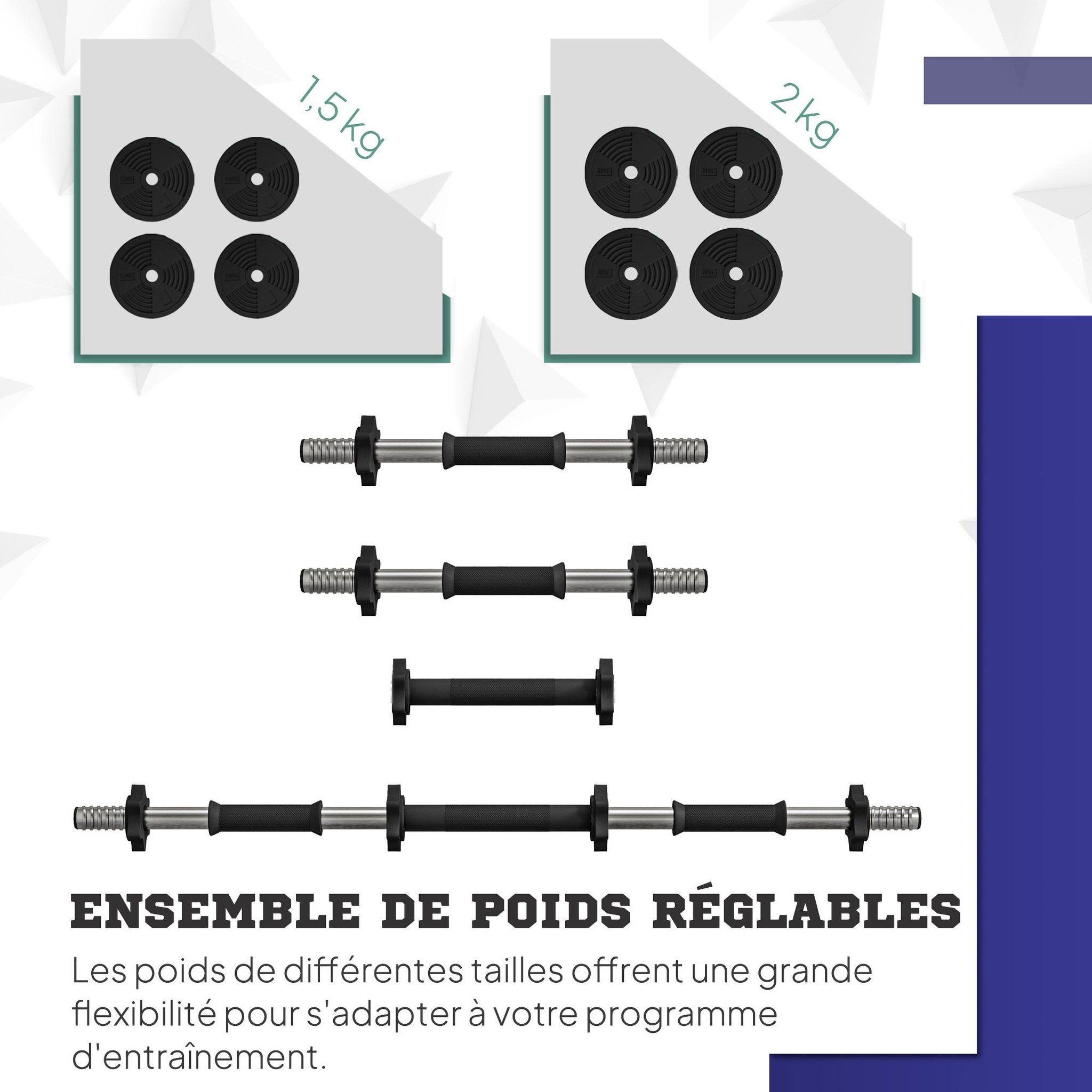 Voir la diapositive 5 : HOMCOM Haltères 2 en 1 réglables - haltères libres 15 kg - barres incluses - entraînement musculaire & haltérophilie - noir vert