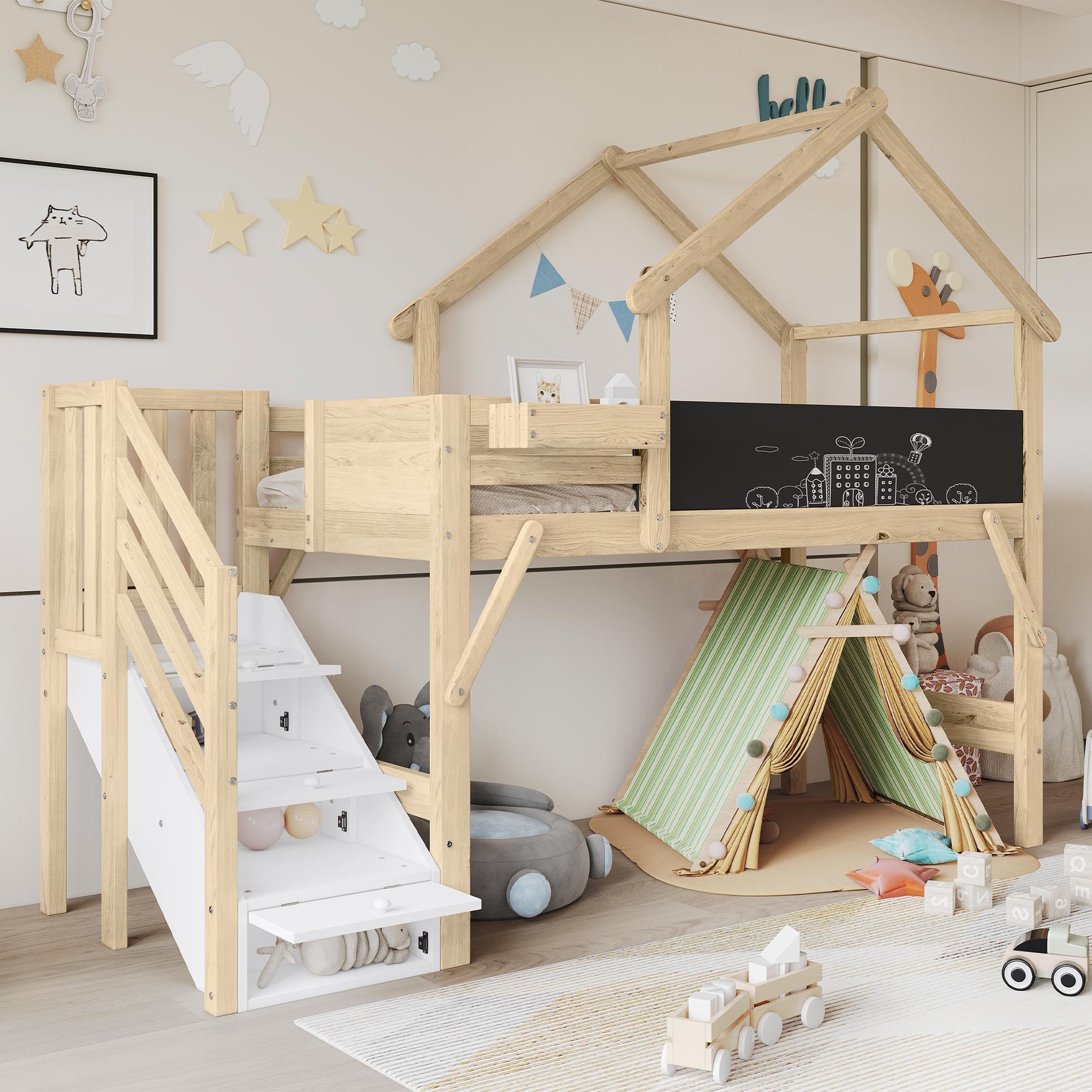 Voir la diapositive 4 : MERAX Lit enfant mi hauteur 90x200cm pin coloris blanc+naturel