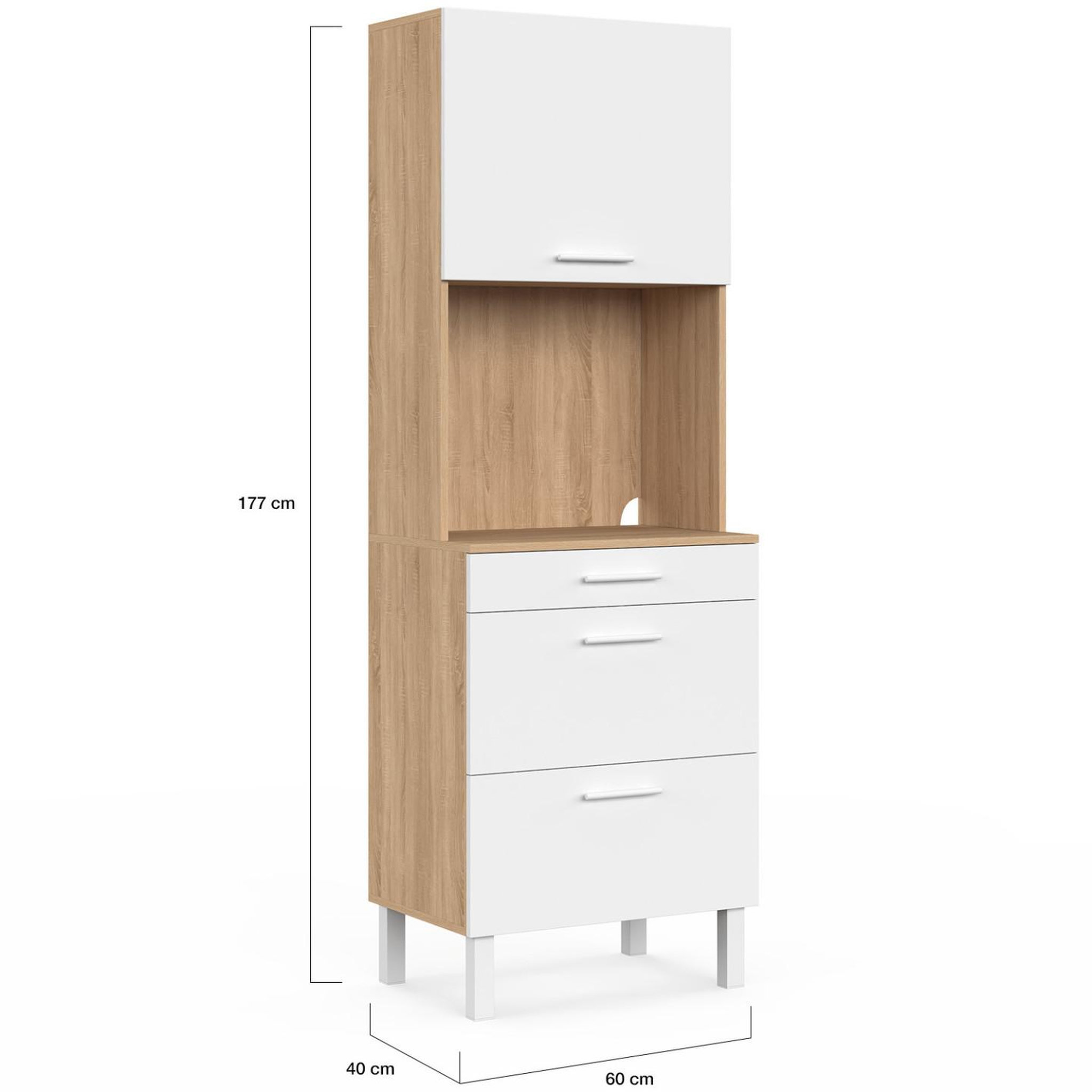 Voir la diapositive 5 : ID MARKET Colonne de cuisine micro-ondes et casserolier 60 cm cina 2 portes façon hêtre et blanc