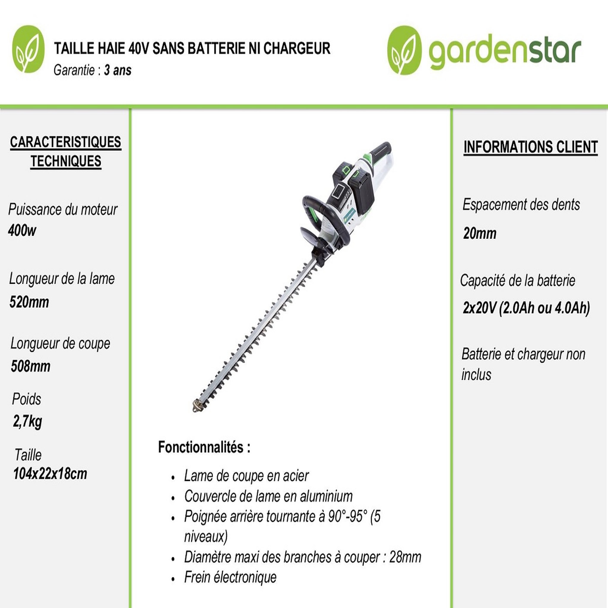 Voir la diapositive 3 : GARDENSTAR Taille haies sans fil sur batteries de 40 V