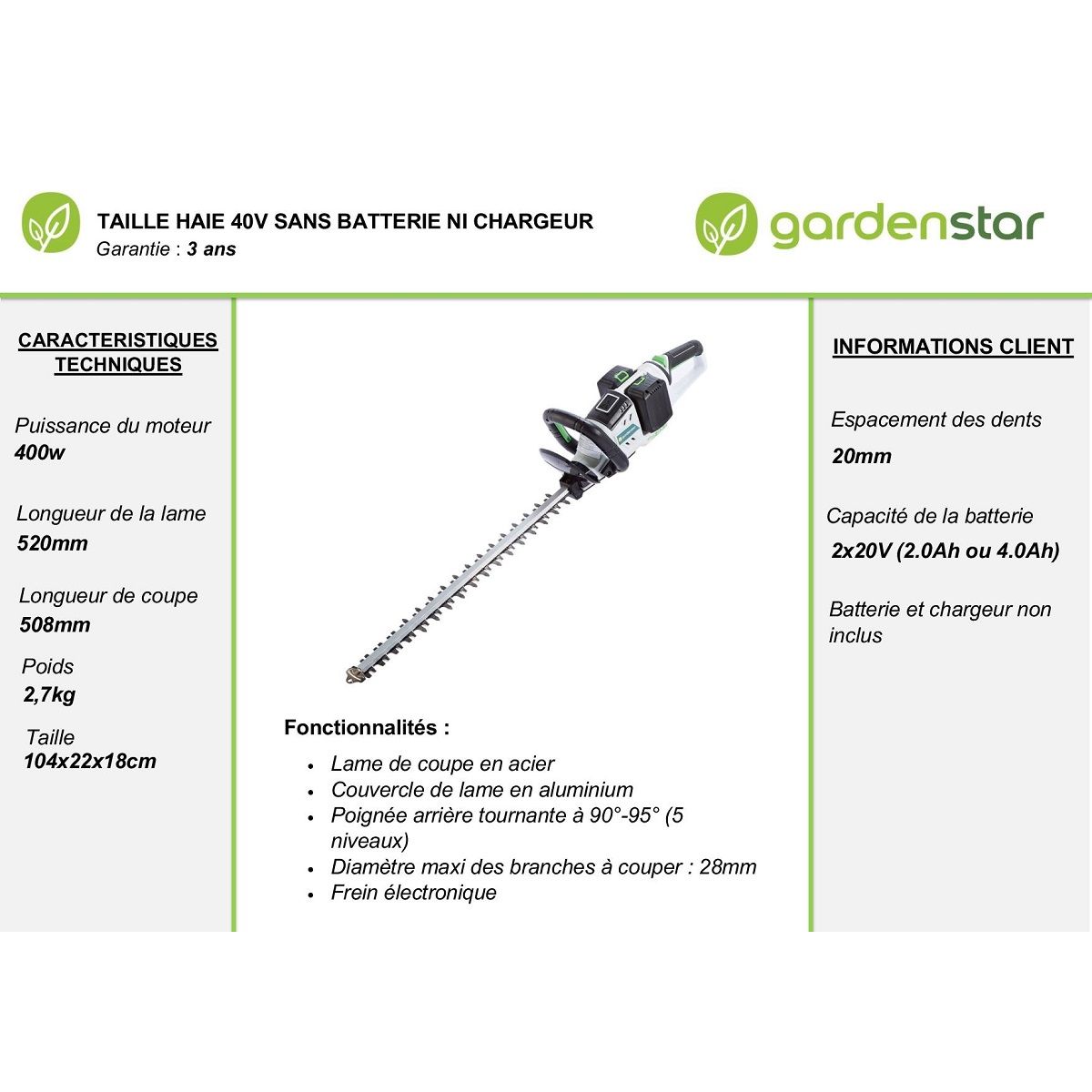 GARDENSTAR Taille haies sans fil sur batteries de 40 V