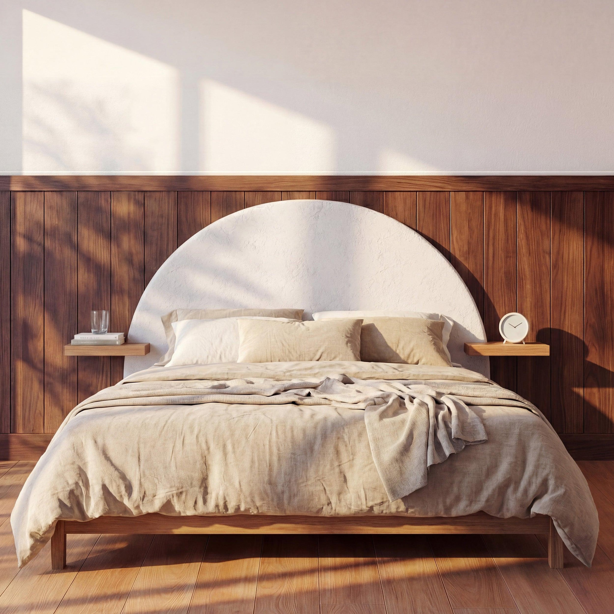Voir la diapositive 5 : MAISON PAVANE Tête de lit en plâtre blanc cassé et bois d'acacia 175 cm-fira