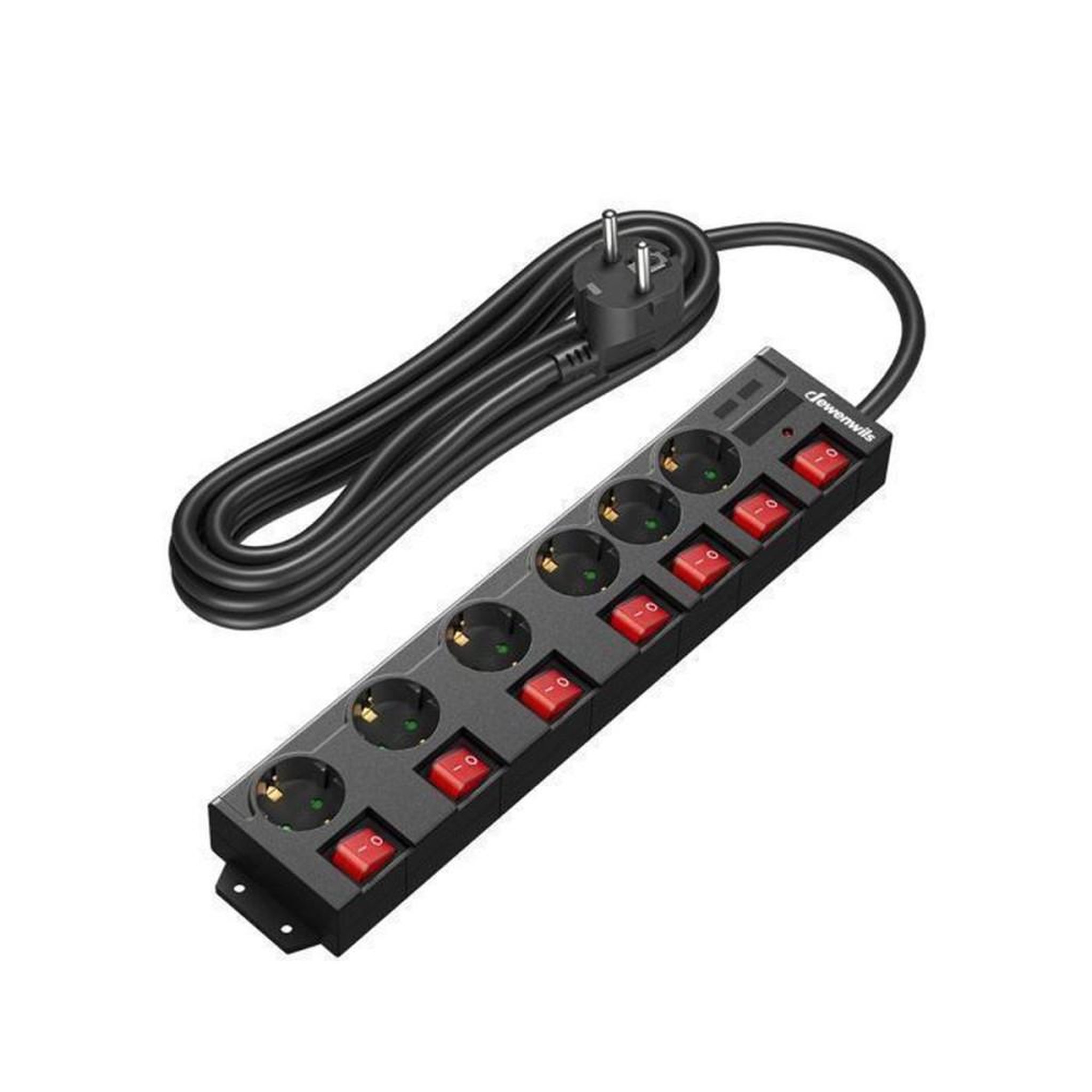 Multiprise électrique 6 prises 16 A 3680 W avec parafoudre, 5 m de câble, interrupteurs bipolaires individuels à voyants LED, montage mural ou sur bureau, noire