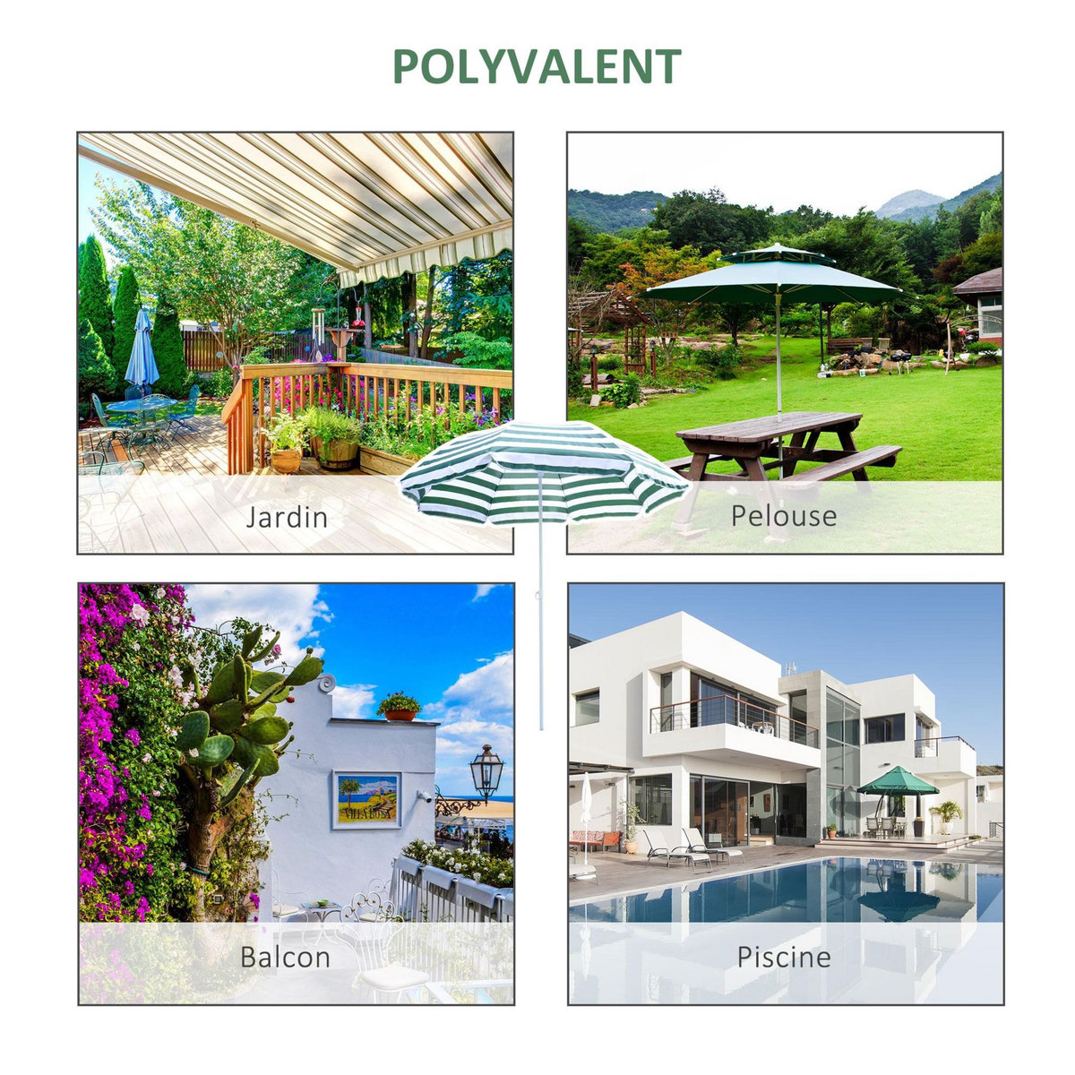 OUTSUNNY Parasol inclinable octogonal de plage Ø 180 cm tissu polyester haute densité anti-UV mât démontable vert blanc rayé