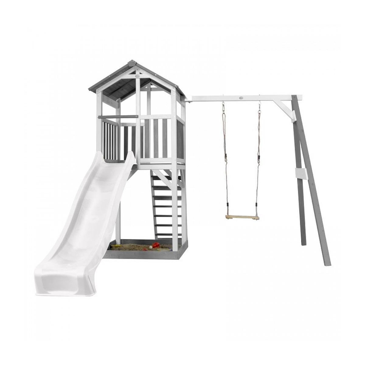 Axi House AXI Structure de jeu Beach Tower Blanc gris avec 1 balancoire et toboggan Blanc et bac à sable