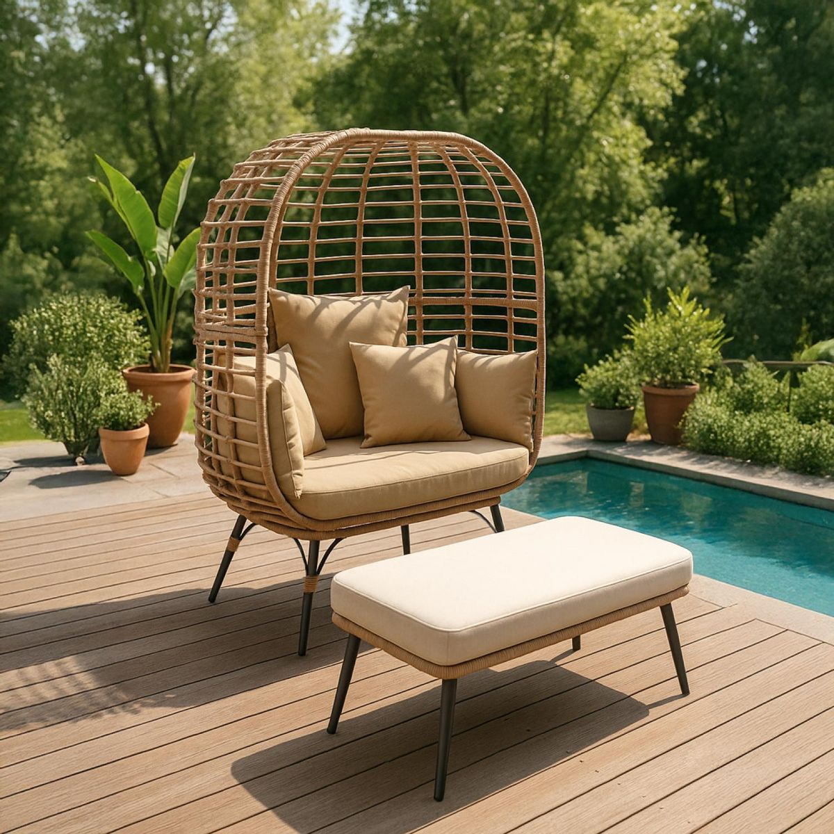 CONCEPT USINE Ensemble fauteuil sur pied effet rotin et repose-pieds avec coussin beige JANE