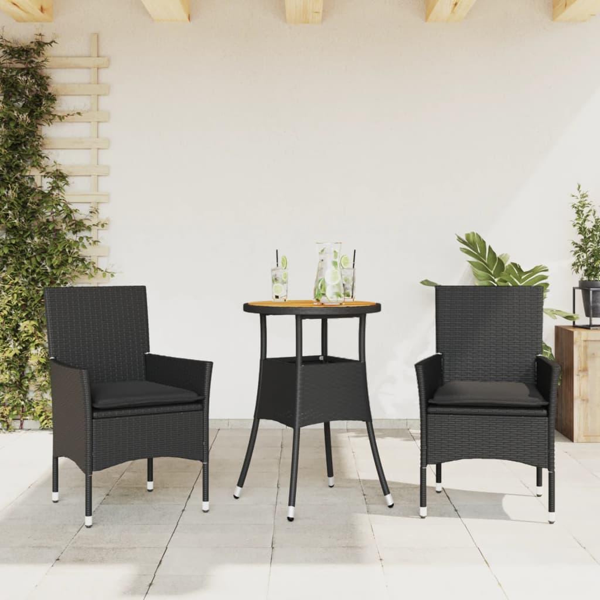 Voir la diapositive 1 : VIDAXL Ensemble a manger de jardin et coussins 3 pcs noir rotin acacia