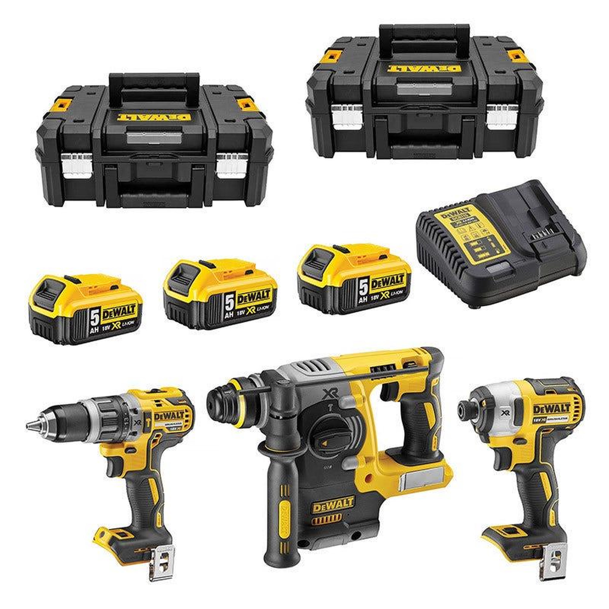 Dewalt Pack 3 outils xr 18v brushless + 3 x 5ah + chargeur + 2 coffrets tstak ii