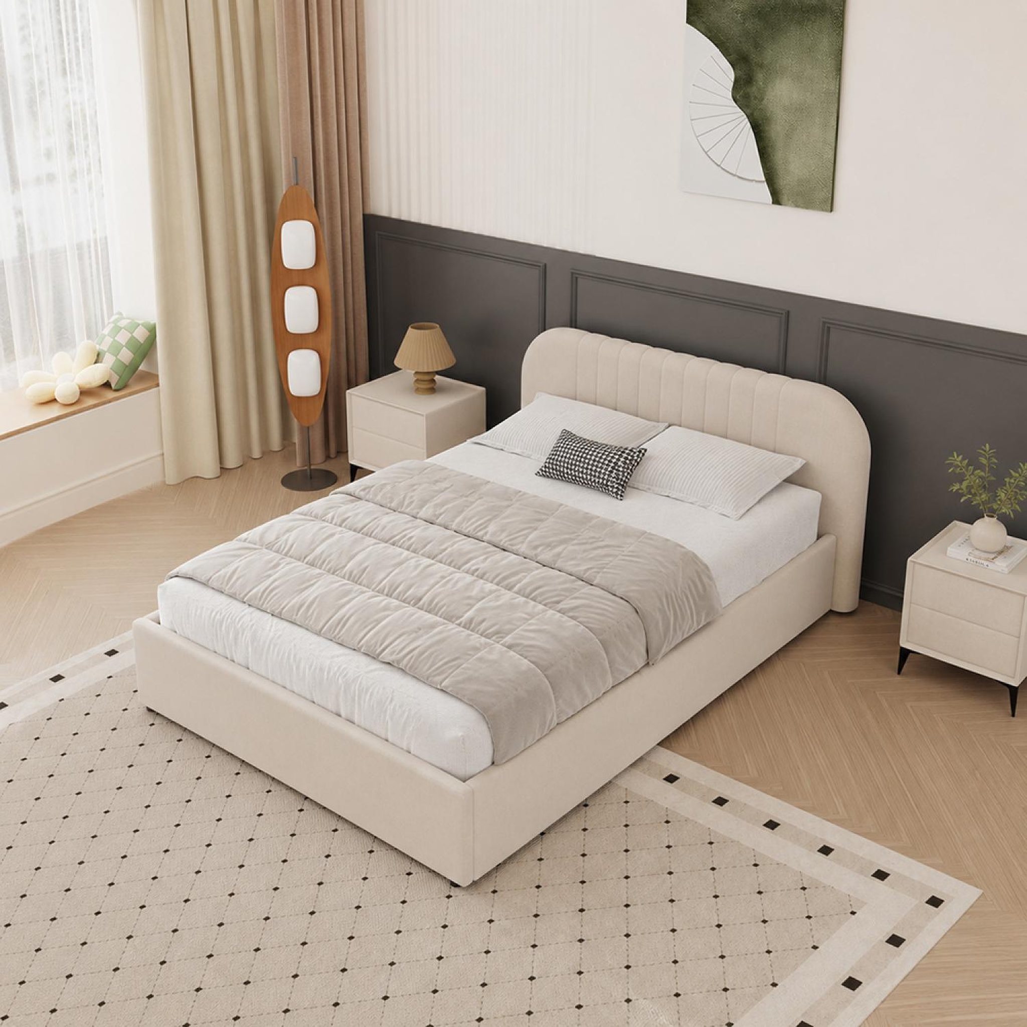 Voir la diapositive 4 : CONCEPT USINE Lit avec coffre de rangement 140x190cm en velours beige irvine