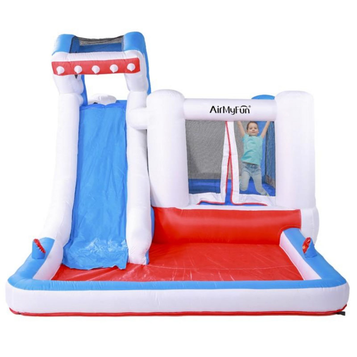 AIRMYFUN Château Aquatique Gonflable pour enfants 4,80m - Aire de jeux avec Toboggan et Piscine - Sharky Bay