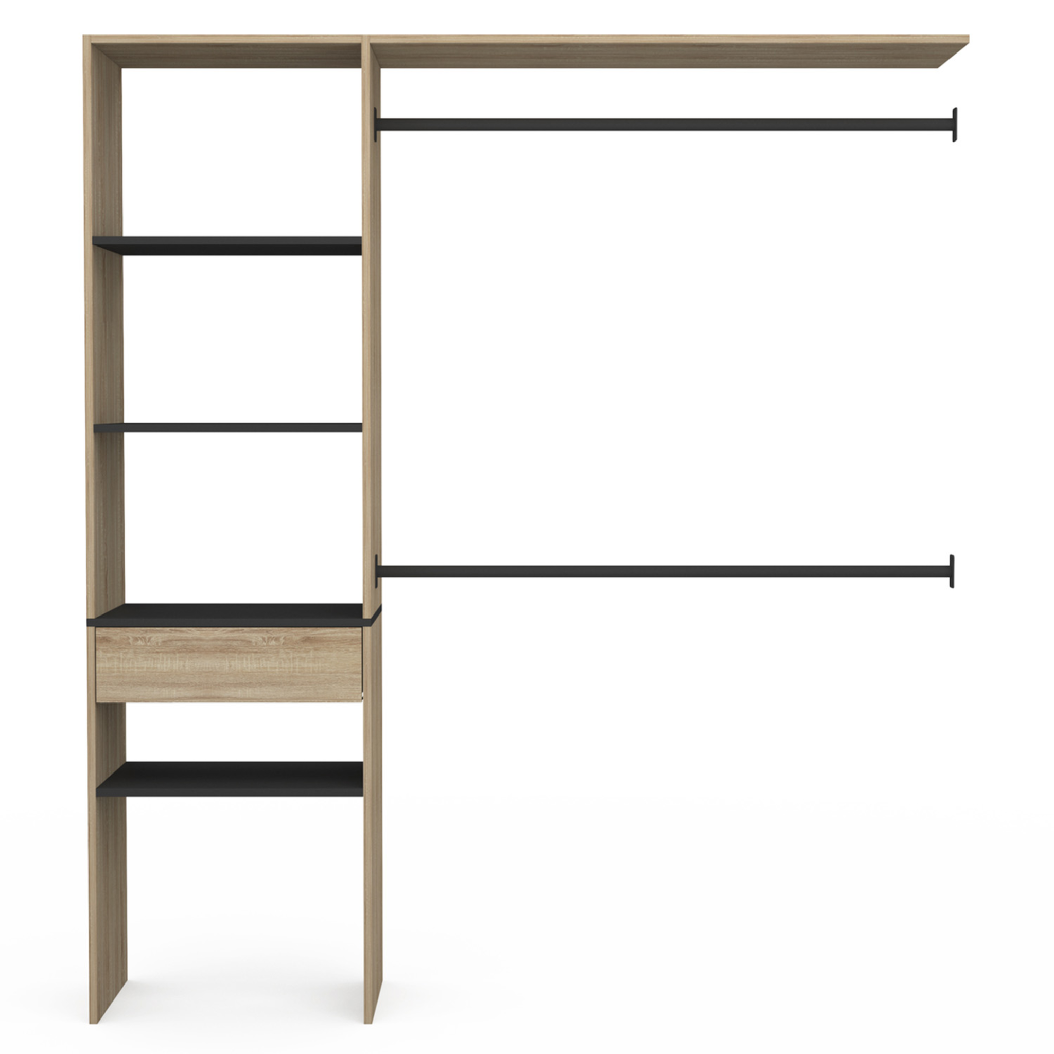 Voir la diapositive 3 : ID MARKET Kit dressing meline 160 x 40 x 180 cm hêtre avec étagères noires + tiroir + double penderie