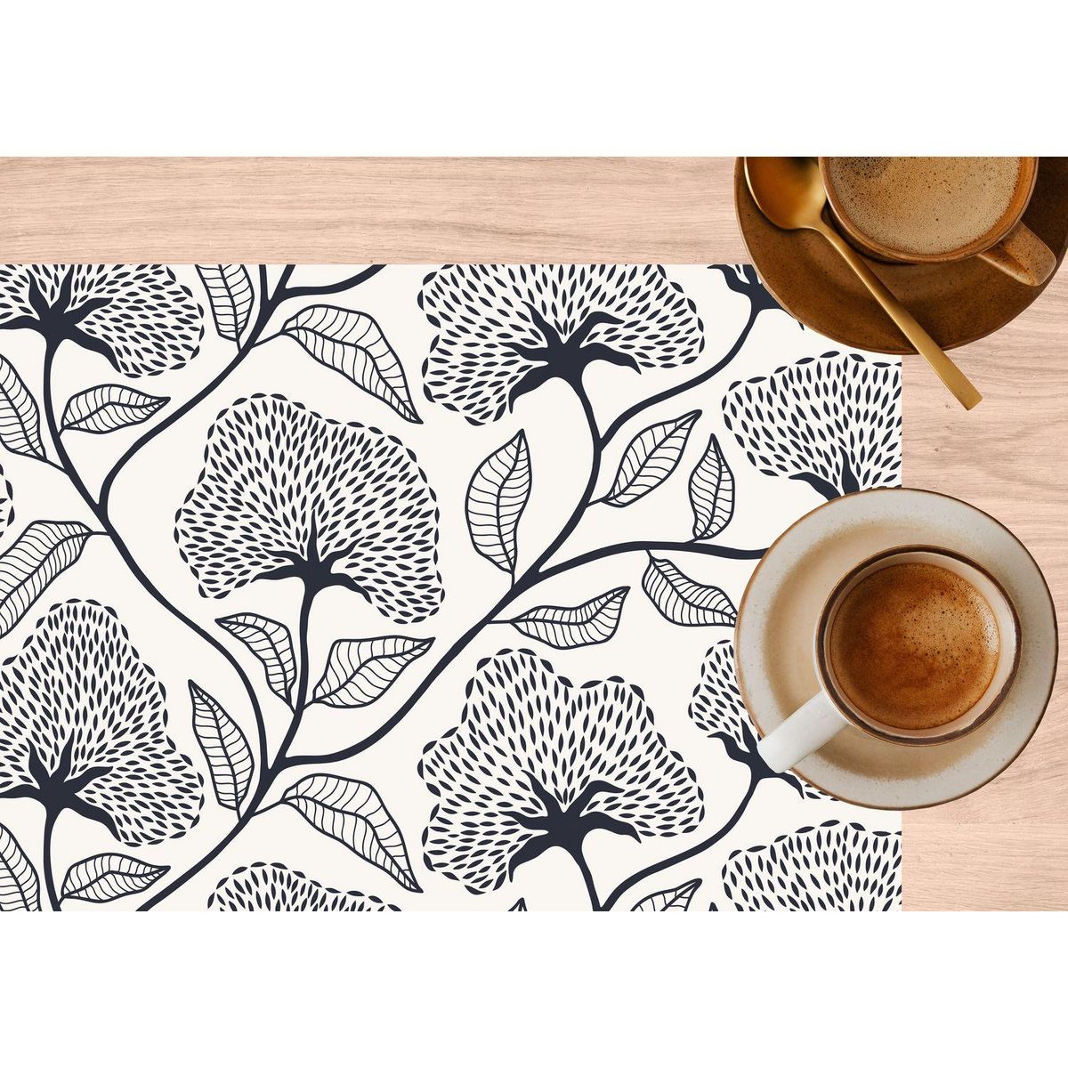 HABITABLE Lot de 2 sets de table motifs ginkgo CASSIA - 28 x 43 cm - Beige et noir