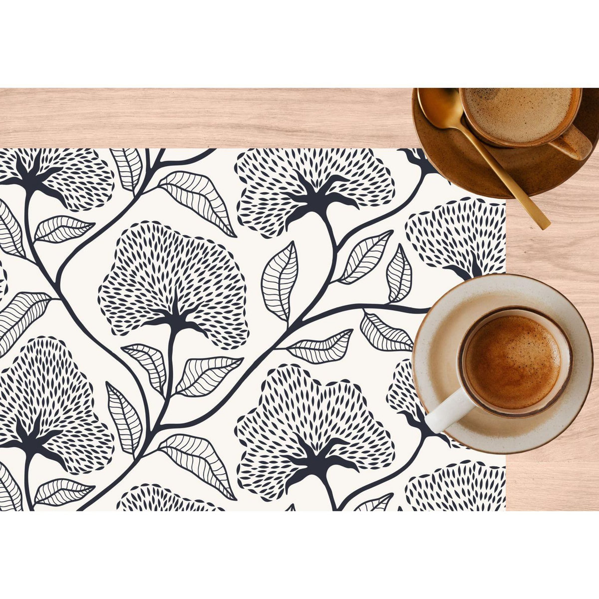 HABITABLE Lot de 2 sets de table motifs ginkgo CASSIA - 28 x 43 cm - Beige et noir