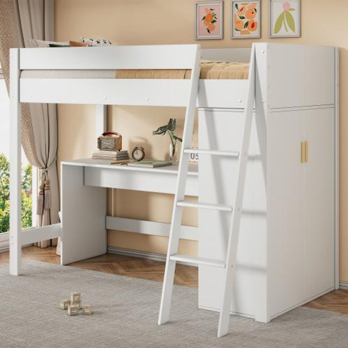 MERAX Lit combiné enfant 90x200 cm coloris blanc bois massif