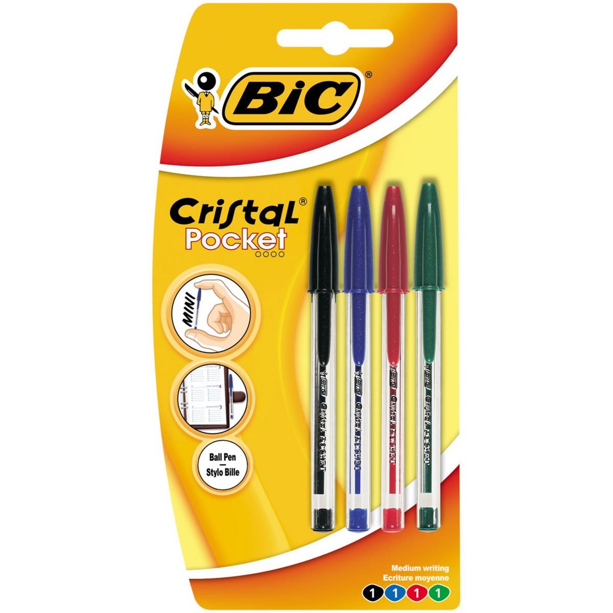 BIC Lot de 4 stylos Cristal Pocket pointe moyenne - assortiment noir ...
