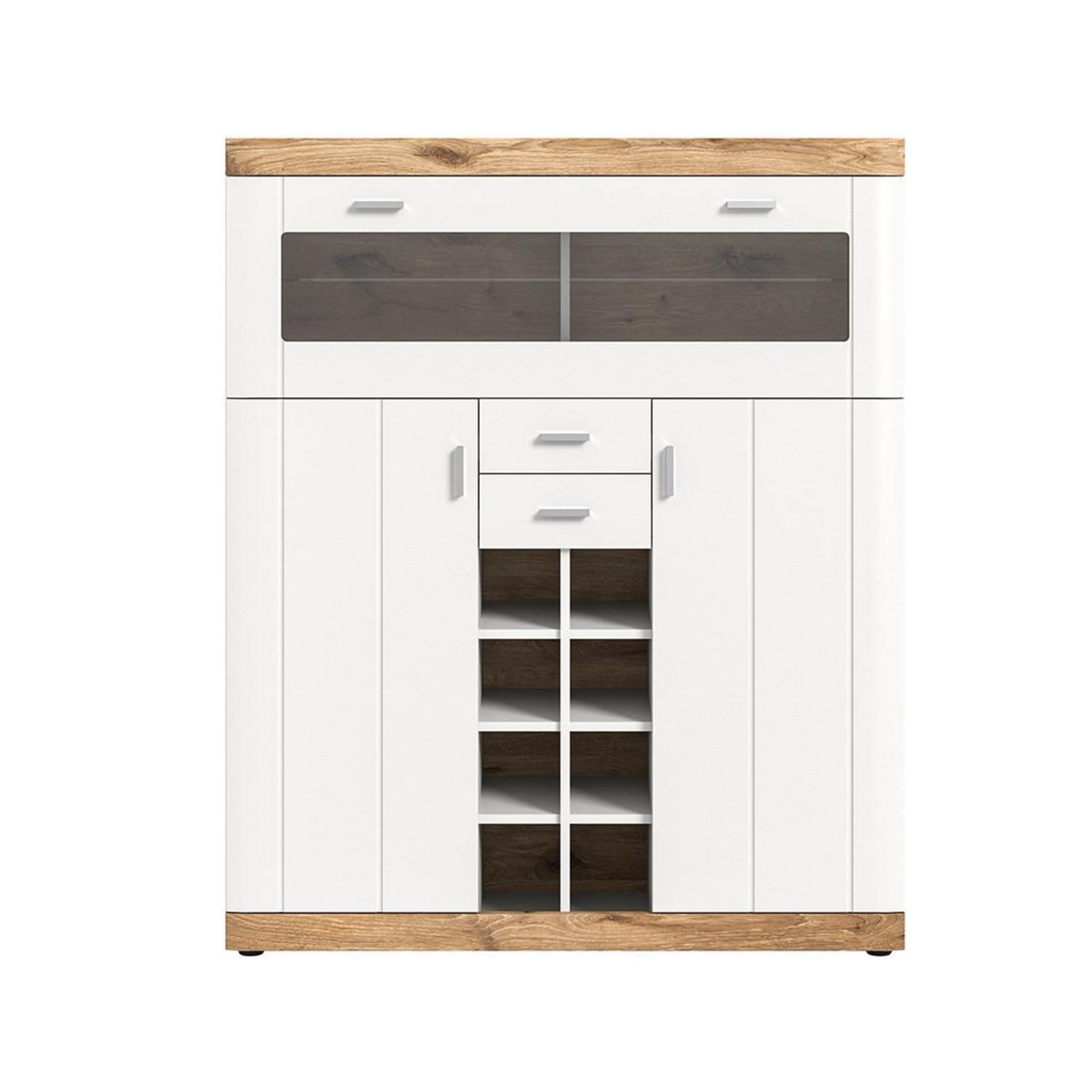 BEST MOBILIER Coventry - buffet haut - blanc et effet bois - 8 niches, 3 portes et 2 tiroirs - 142 cm