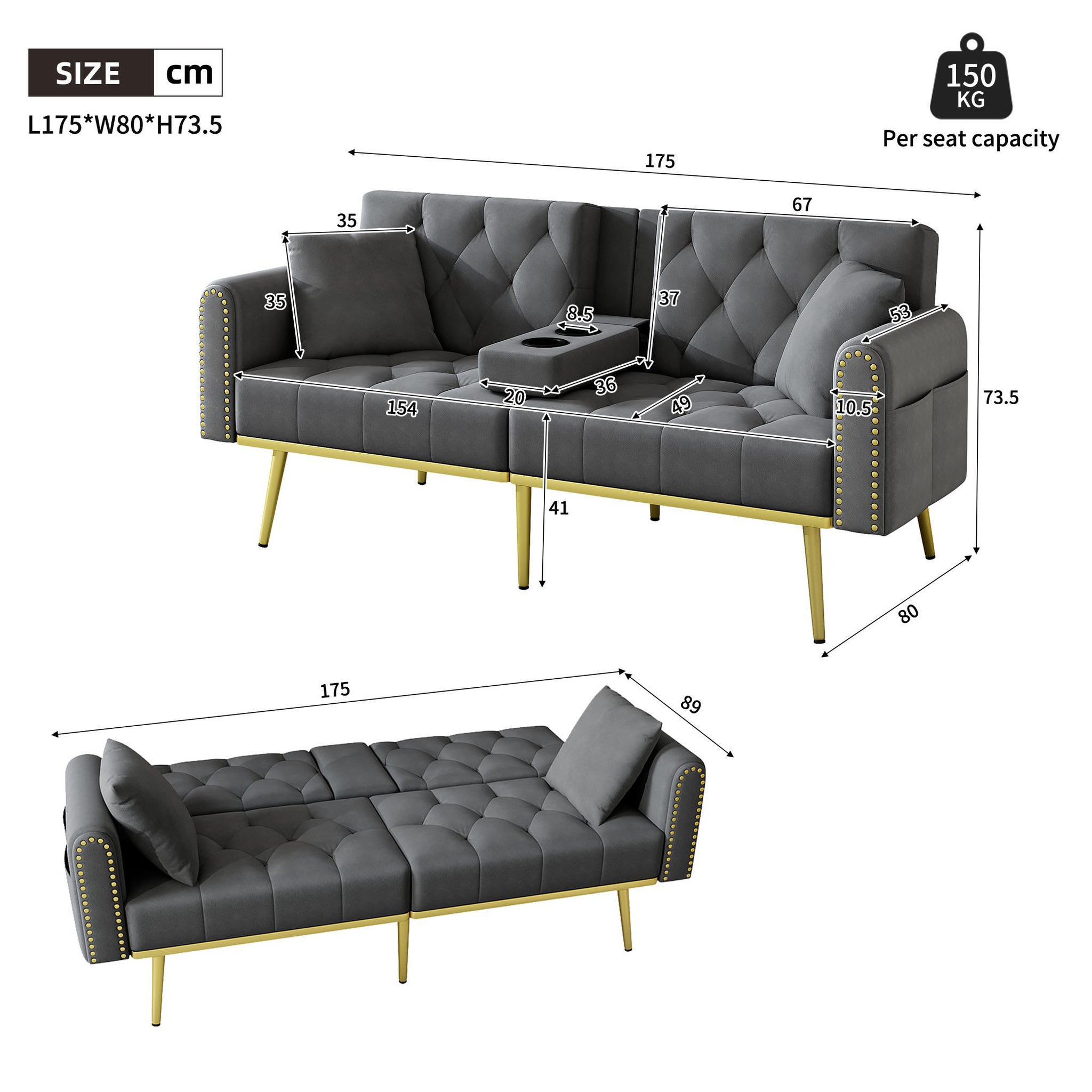 Voir la diapositive 3 : MERAX Canapé droit convertible 2 places velours