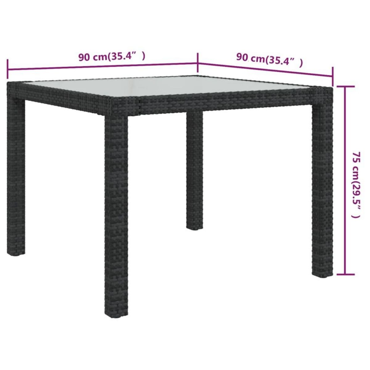 VIDAXL Table de jardin 90x90x75 cm Verre trempe et resine tressee Noir