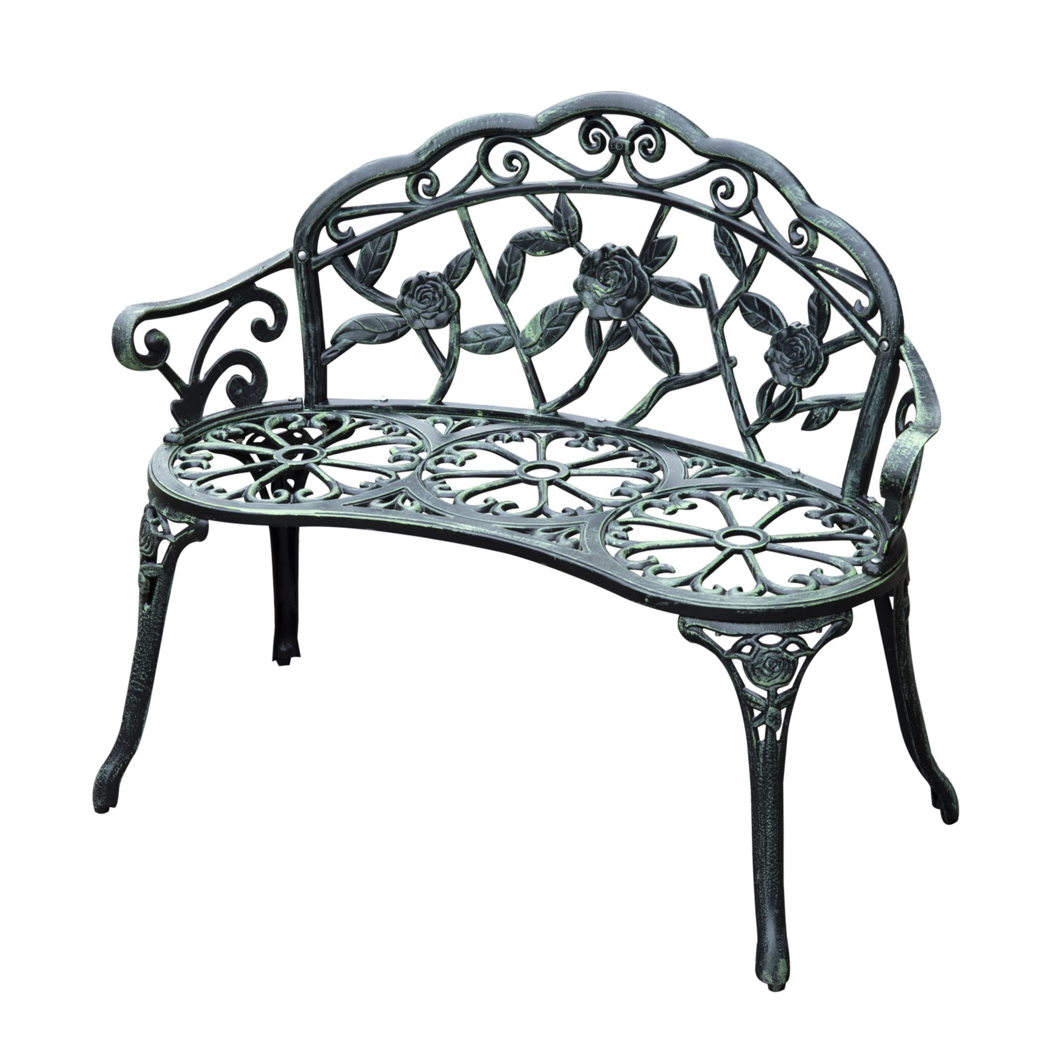 OUTSUNNY Banc de jardin 2 places style néo-rétro motif rose lignes fuselées 100L x 54l x 78H cm fonte d'aluminium vert vieilli