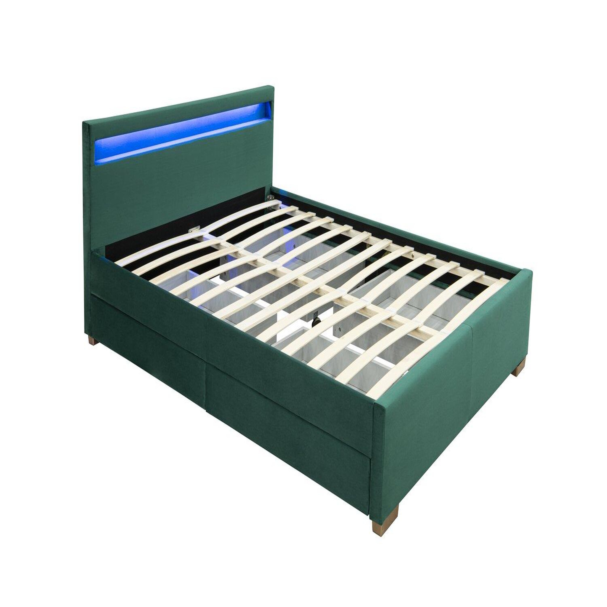 CONCEPT USINE Lit en velours vert avec rangements et led intégrées 160x200 cm enfield