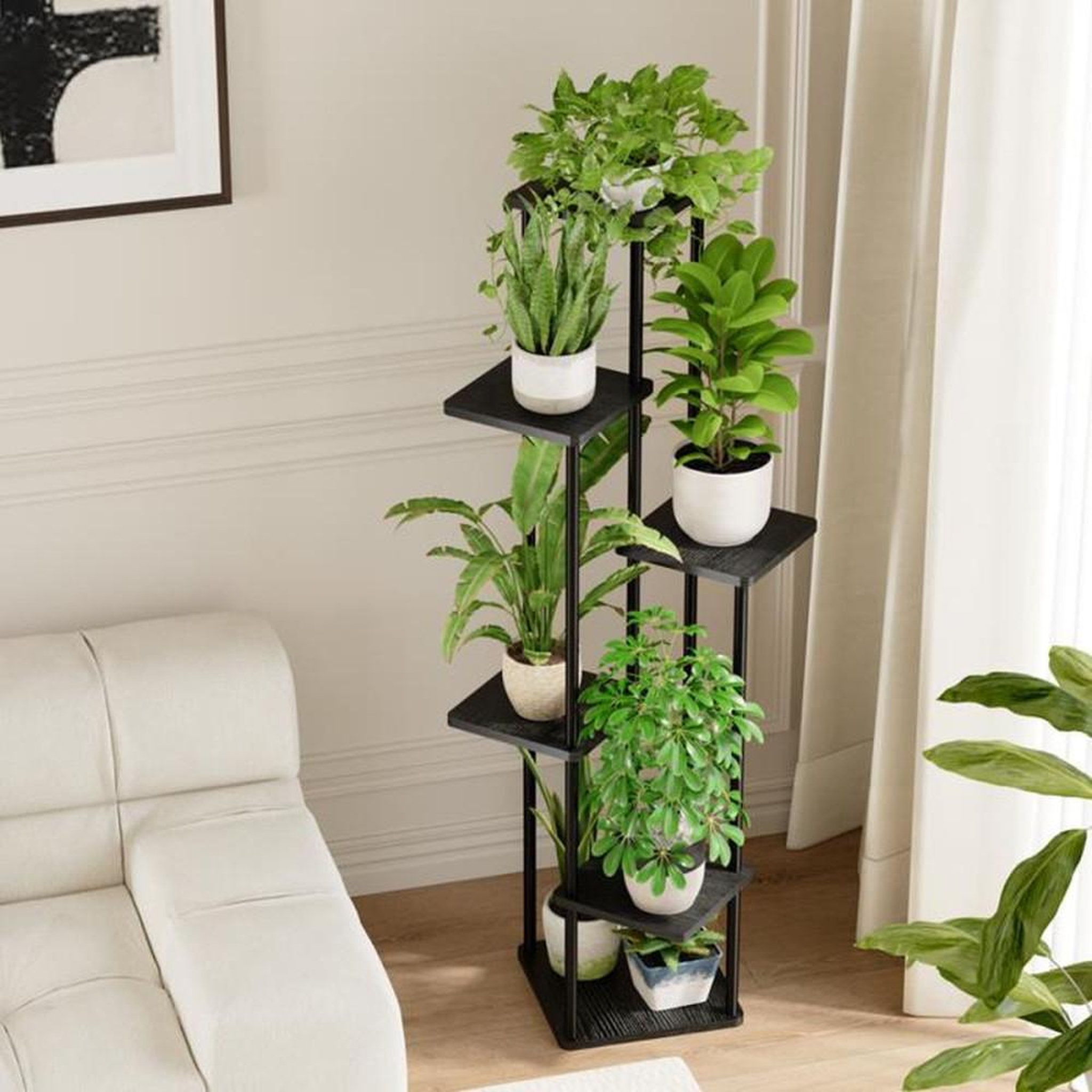 Voir la diapositive 5 : Support plante à 6 niveaux 130 cm noir métal et bois, présentoir intérieur extérieur