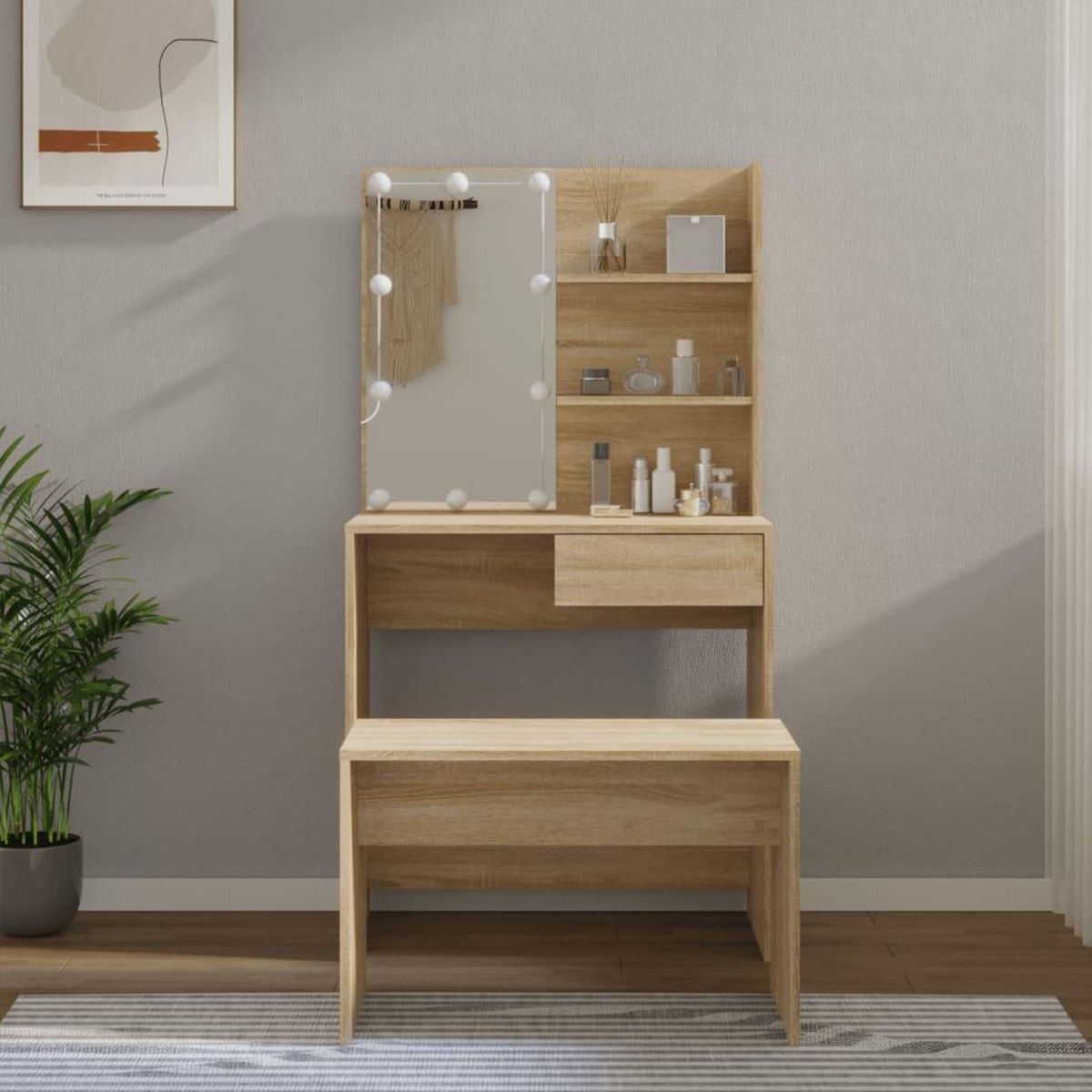 VIDAXL Ensemble de coiffeuse avec LED Chene Sonoma Bois d'ingenierie