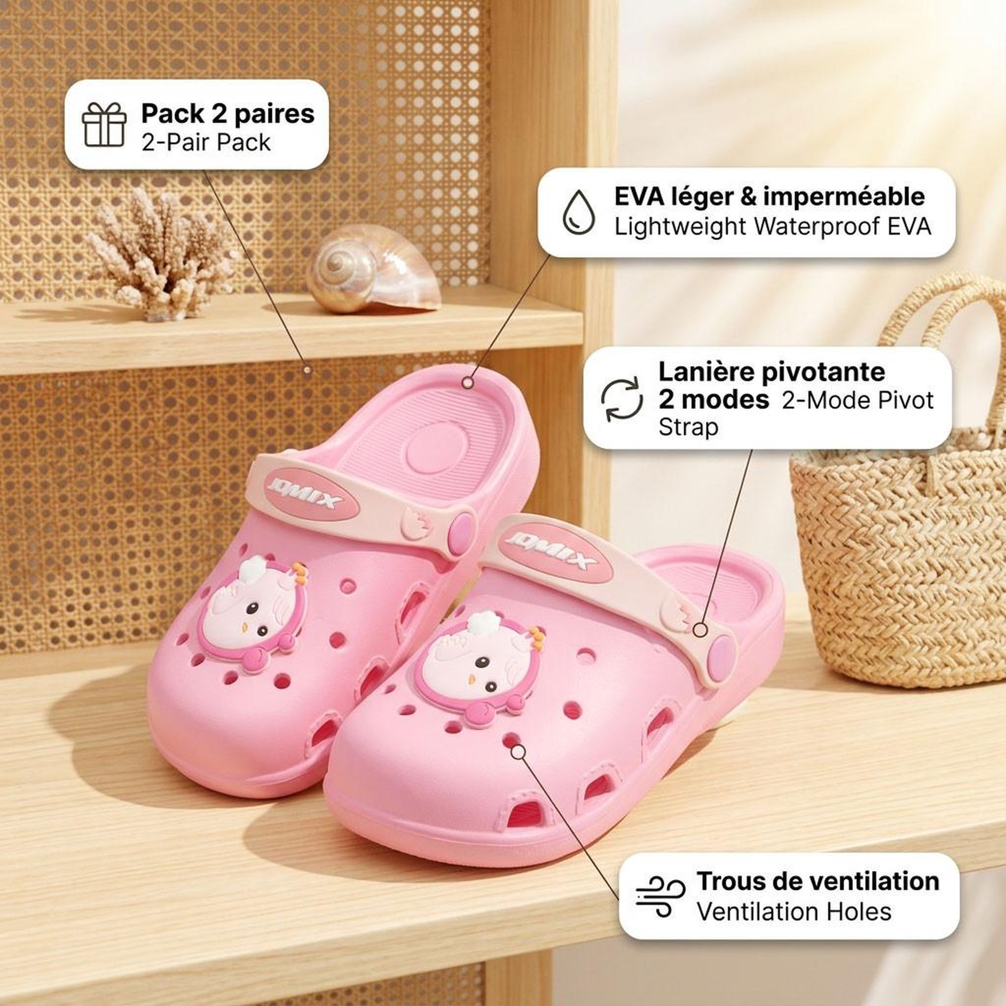 Voir la diapositive 3 : OZABI OZABI Pack 2 Paires Sabots Enfant EVA - Lanière Pivotante - Décoration Fantaisie