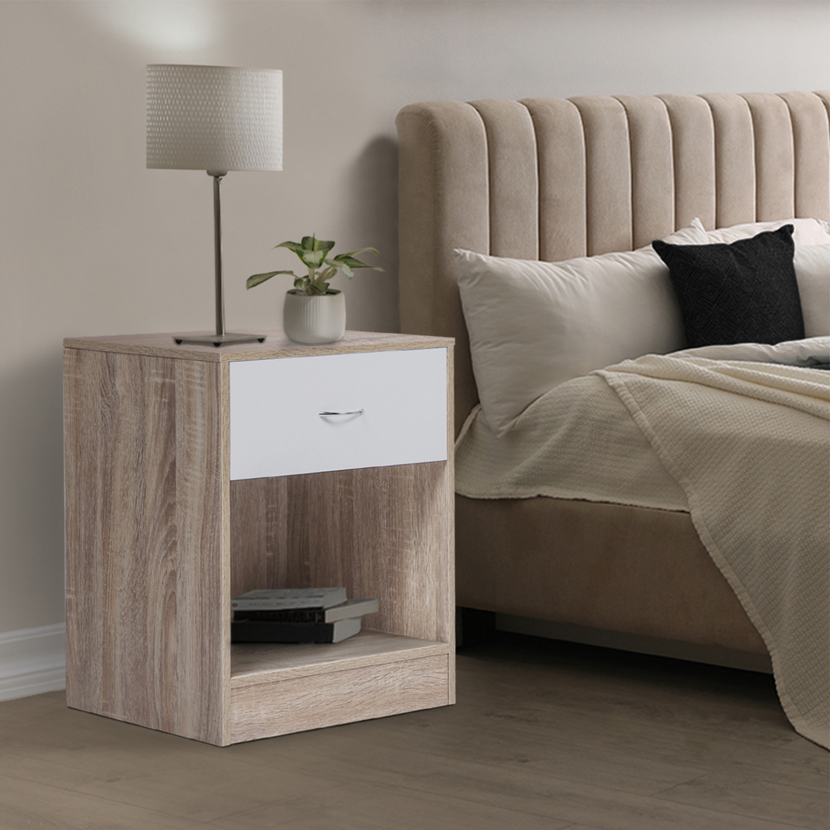 ID MARKET Lot de 2 tables de chevet OLGA 1 tiroir avec niche bois façon hêtre et tiroir blanc