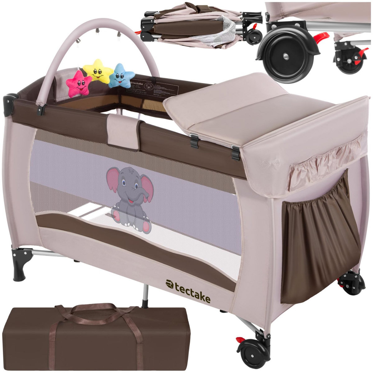 tectake Lit de voyage pour enfants peu encombrant pliable et réglable en hauteur marron