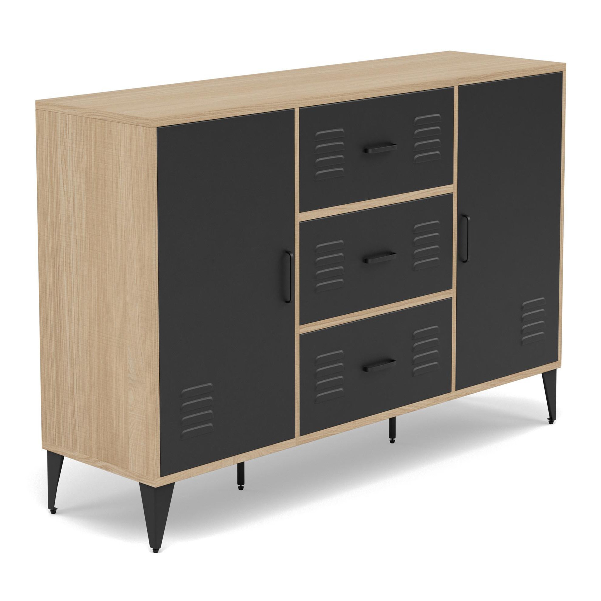 Voir la diapositive 2 : BEST MOBILIER Tribeca - buffet bas - effet bois et métal noir - 3 tiroirs et 2 portes - 140 cm
