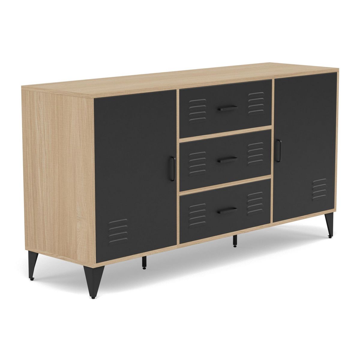 BEST MOBILIER Tribeca - buffet bas - effet bois et métal noir - 3 tiroirs et 2 portes - 140 cm