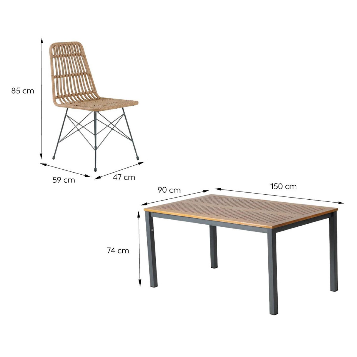 CONCEPT USINE Salon de jardin 6 places avec table en bois naturel et chaises en résine tressée BAGO