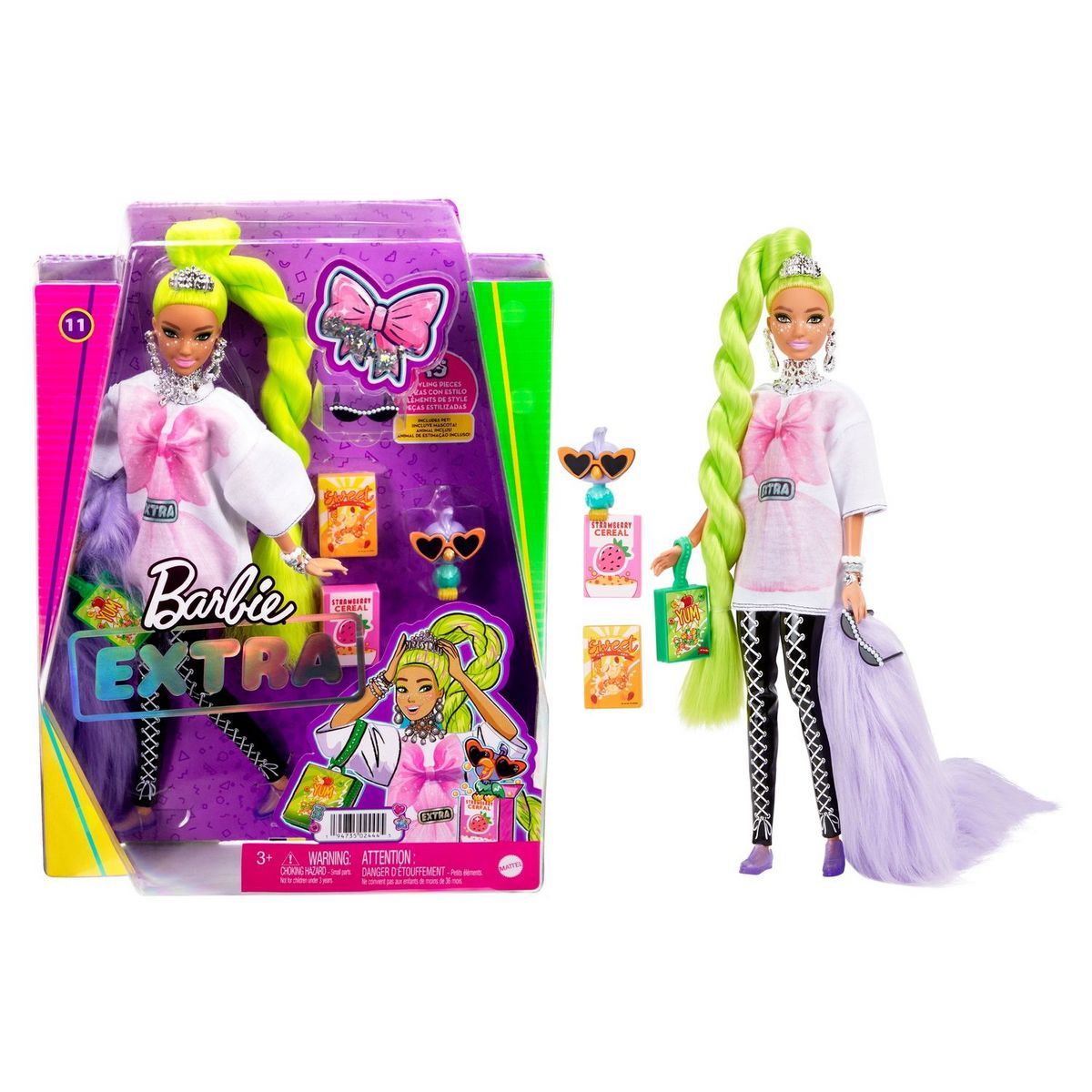 BARBIE Poupée mannequin Barbie Extra natte vert fluo