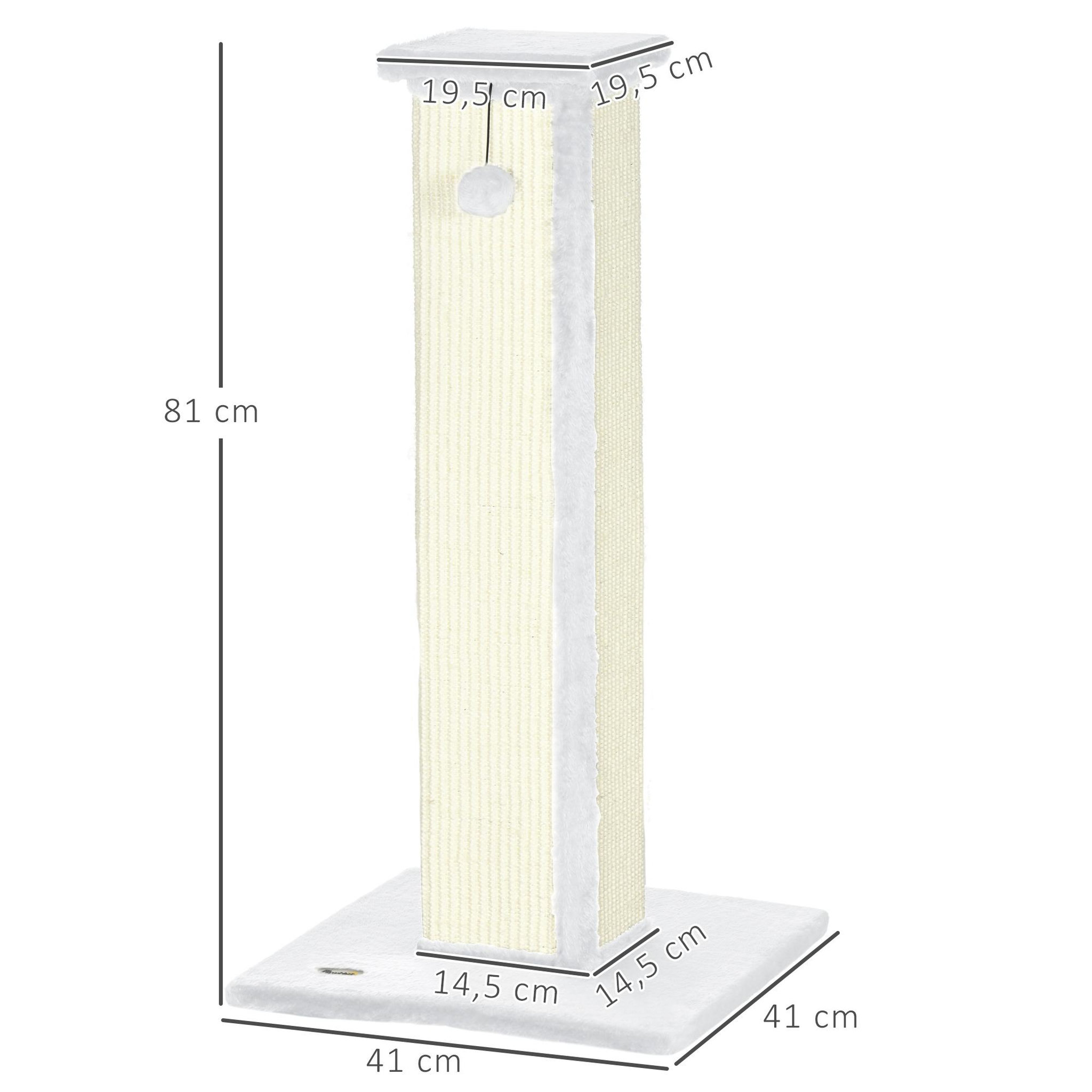 Voir la diapositive 3 : PAWHUT Griffoir tour pour chat H.81 cm - poteau à griffer avec jeu balle suspendue - peluche blanc sisal naturel